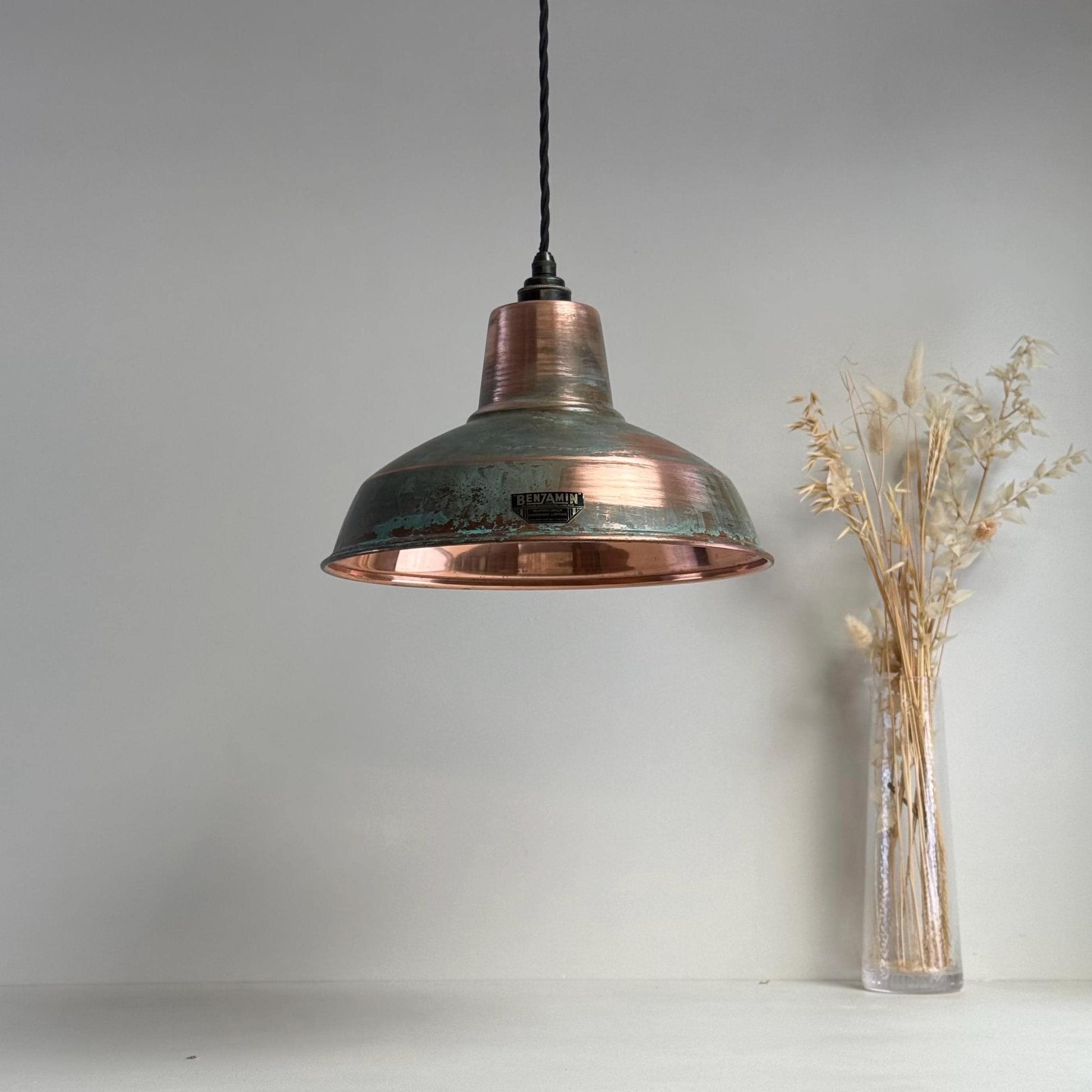 Filby ~ Solid Copper Verdigris Patina Reflector Shade Pendant Set Light | Ceiling Dining Room | Kitchen Table | Vintage Bulb | 12.5 Inch