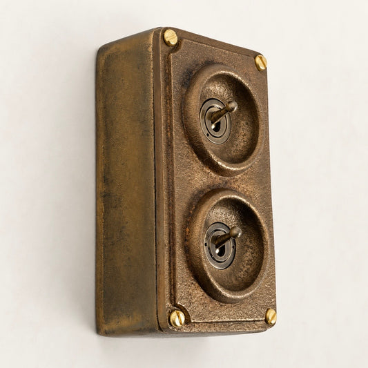 2 Gang Antique Brass Toggle Light Switch Raised Rim, 2 Way