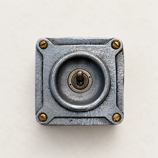1-gang raw metal toggle light switch with brass details, front studio view.
