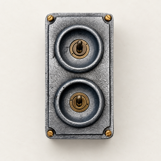 2-gang raw metal toggle light switch with brass details, front studio view.
