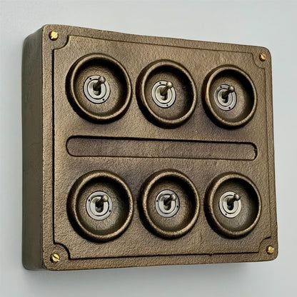 6 Gang 2 Way Antique Brass Solid Cast Metal Conduit Light Switch