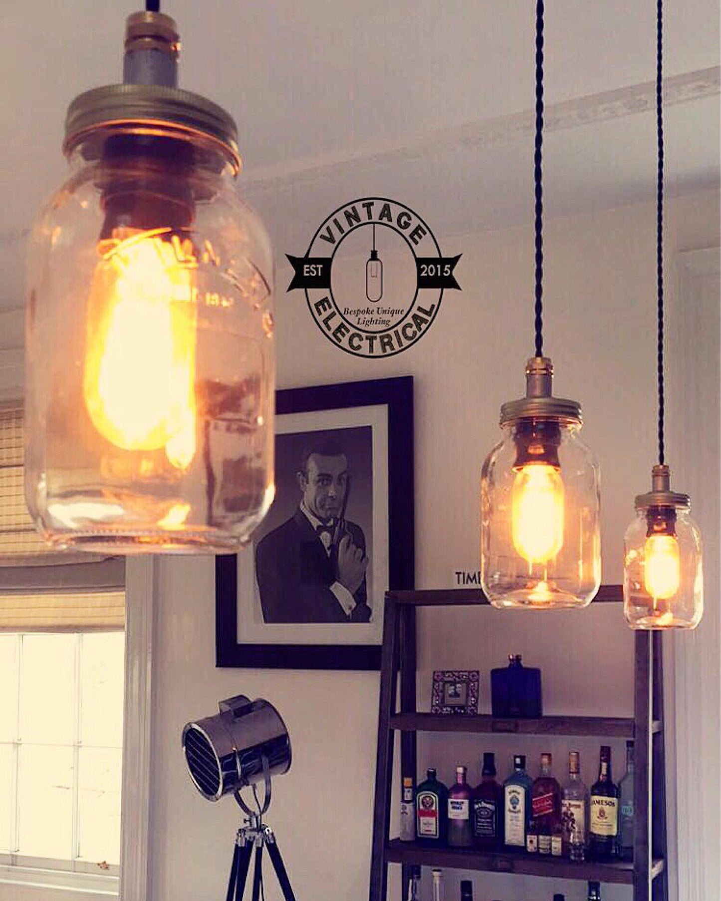 Kenninghall ~ 3 x Kilner Jar Pendant Wire Set Track Light | Dining Room | Kitchen Table | Hanging Vintage Mason | Retro