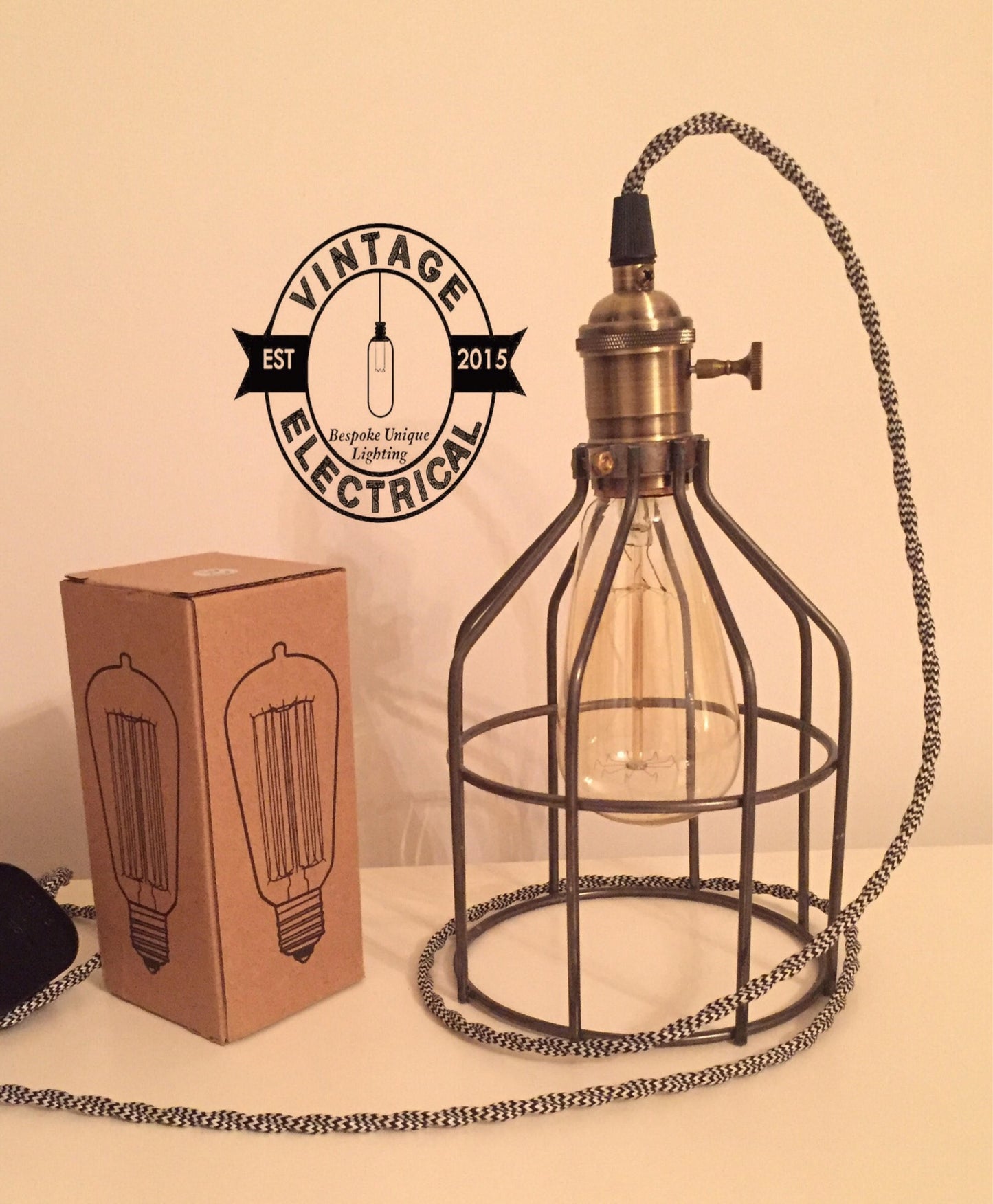 The Caston Cage Raw Steel table light vintage brass style holder with switch fabric 2 metres of cable inspection lamp reading bedside