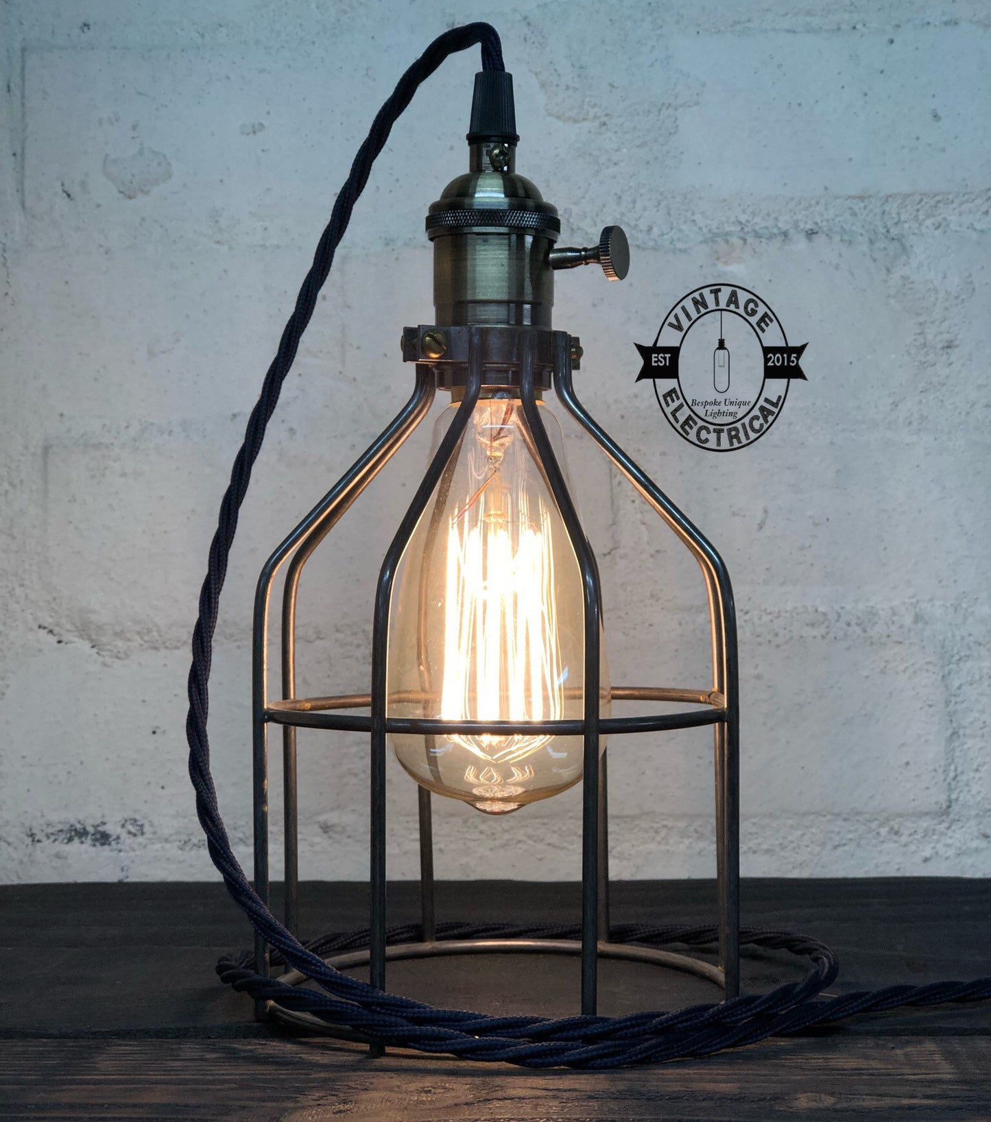 The Caston Cage Raw Steel table light vintage brass style holder with switch fabric 2 metres of cable inspection lamp reading bedside