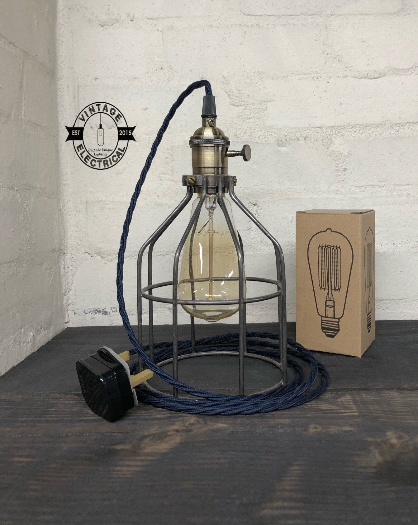 The Caston Cage Raw Steel table light vintage brass style holder with switch fabric 2 metres of cable inspection lamp reading bedside