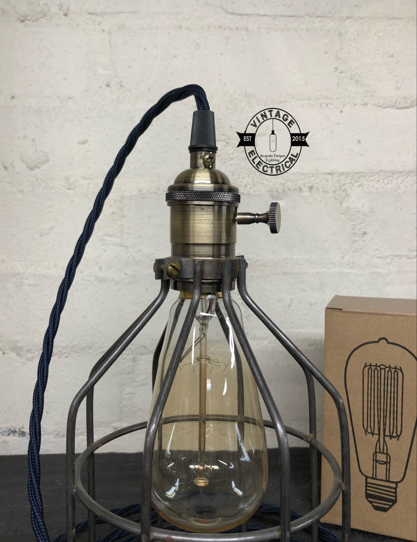 The Caston Cage Raw Steel table light vintage brass style holder with switch fabric 2 metres of cable inspection lamp reading bedside