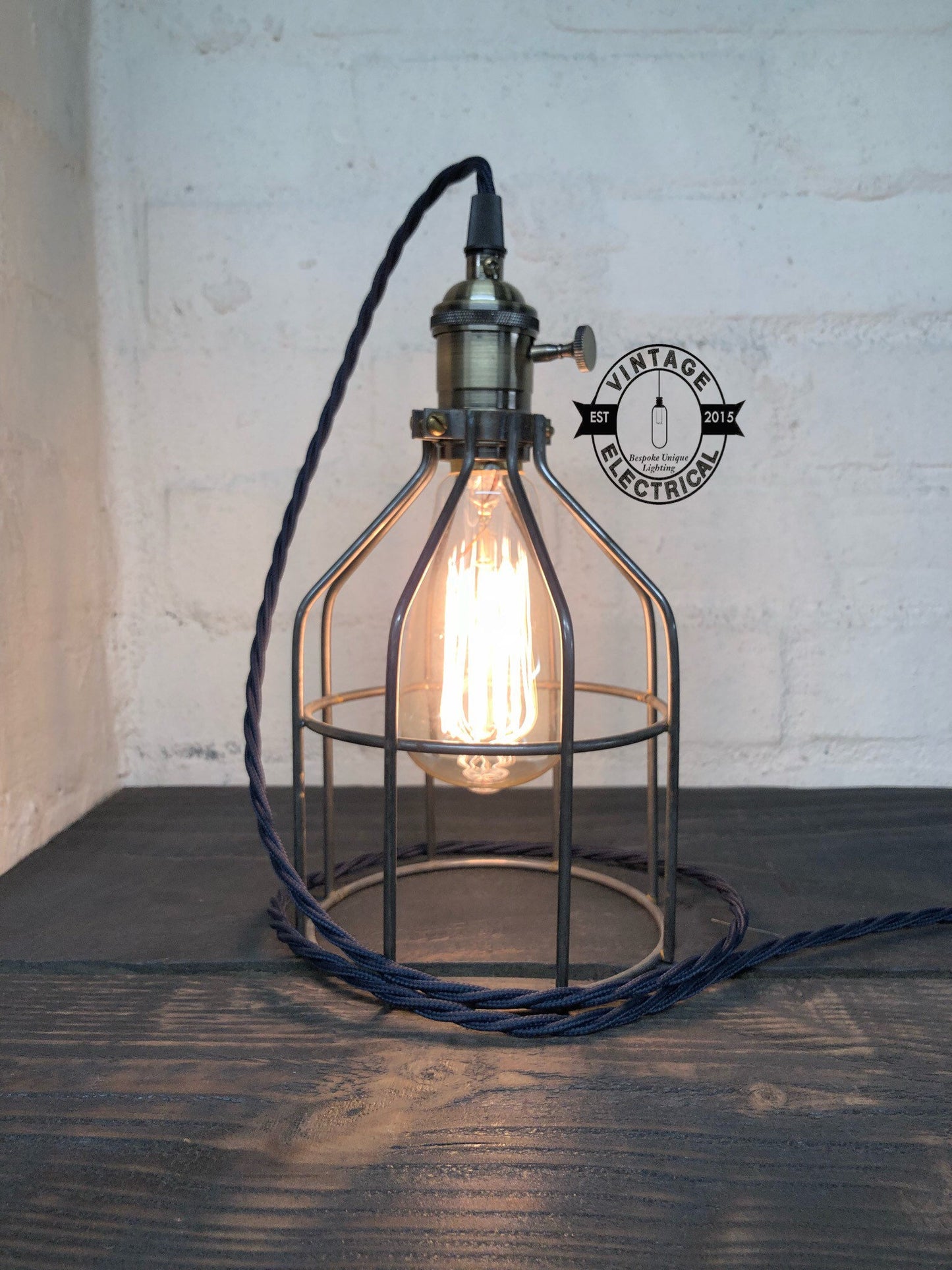 The Caston Cage Raw Steel table light vintage brass style holder with switch fabric 2 metres of cable inspection lamp reading bedside