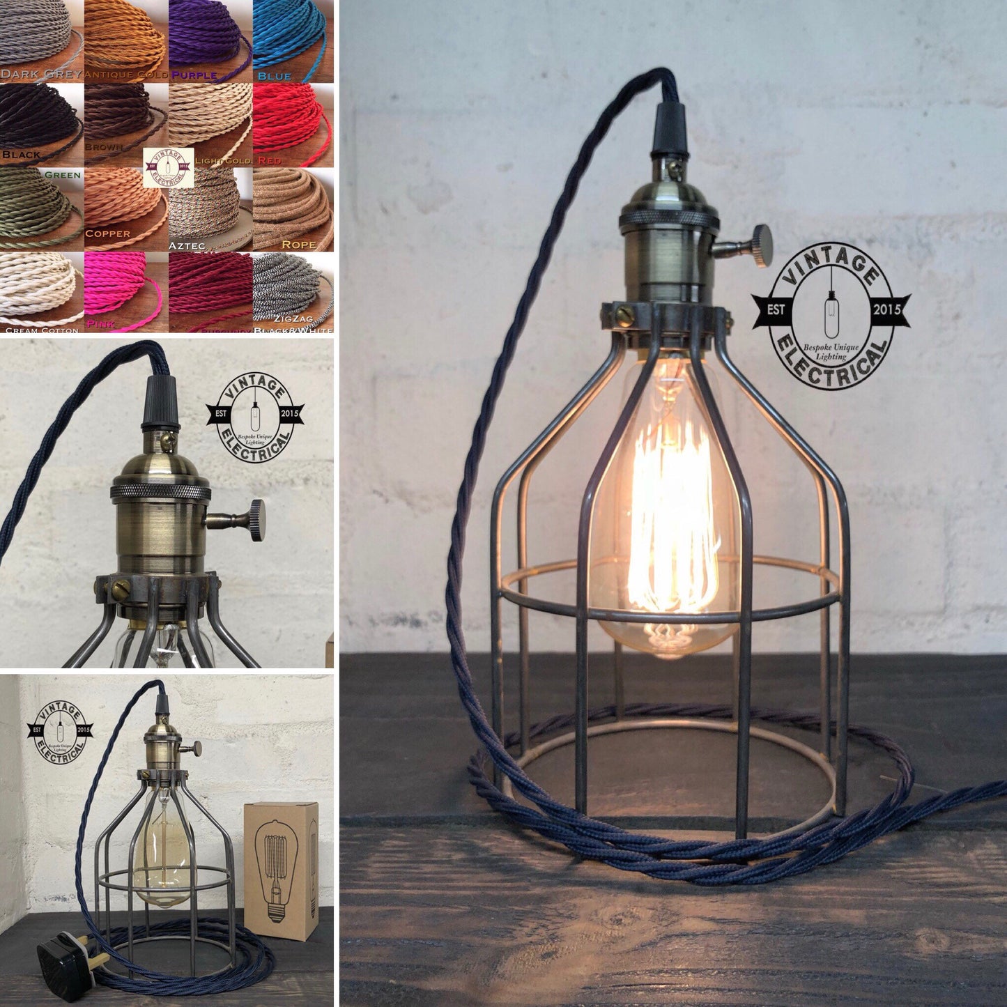 The Caston Cage Raw Steel table light vintage brass style holder with switch fabric 2 metres of cable inspection lamp reading bedside
