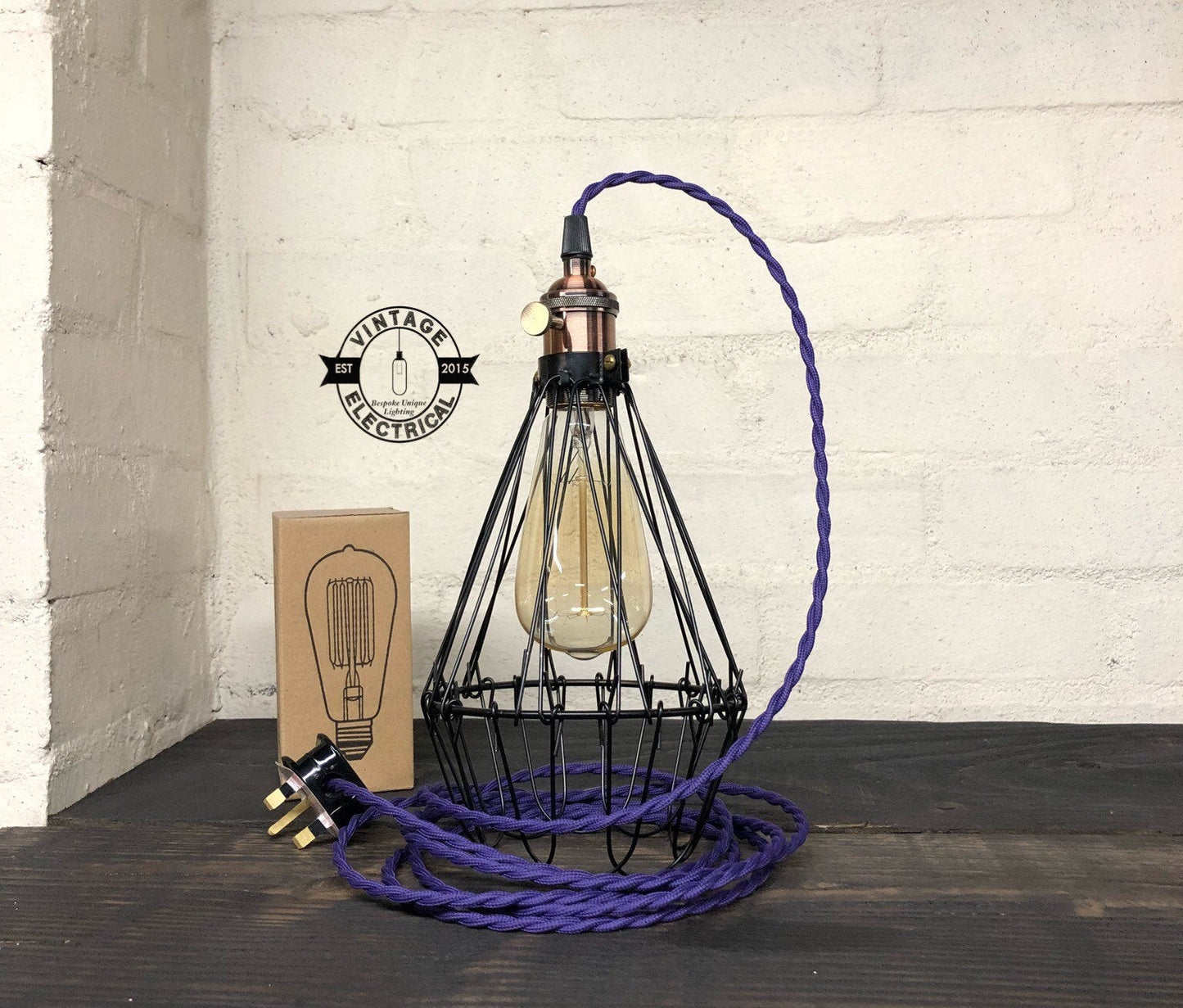 Cromer ~ Black Cage light vintage twisted fabric 2 metres of cable table inspection lamp reading bedside rustic chabby chic + filament bul