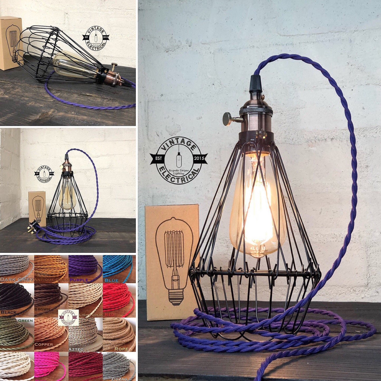 Cromer ~ Black Cage light vintage twisted fabric 2 metres of cable table inspection lamp reading bedside rustic chabby chic + filament bul