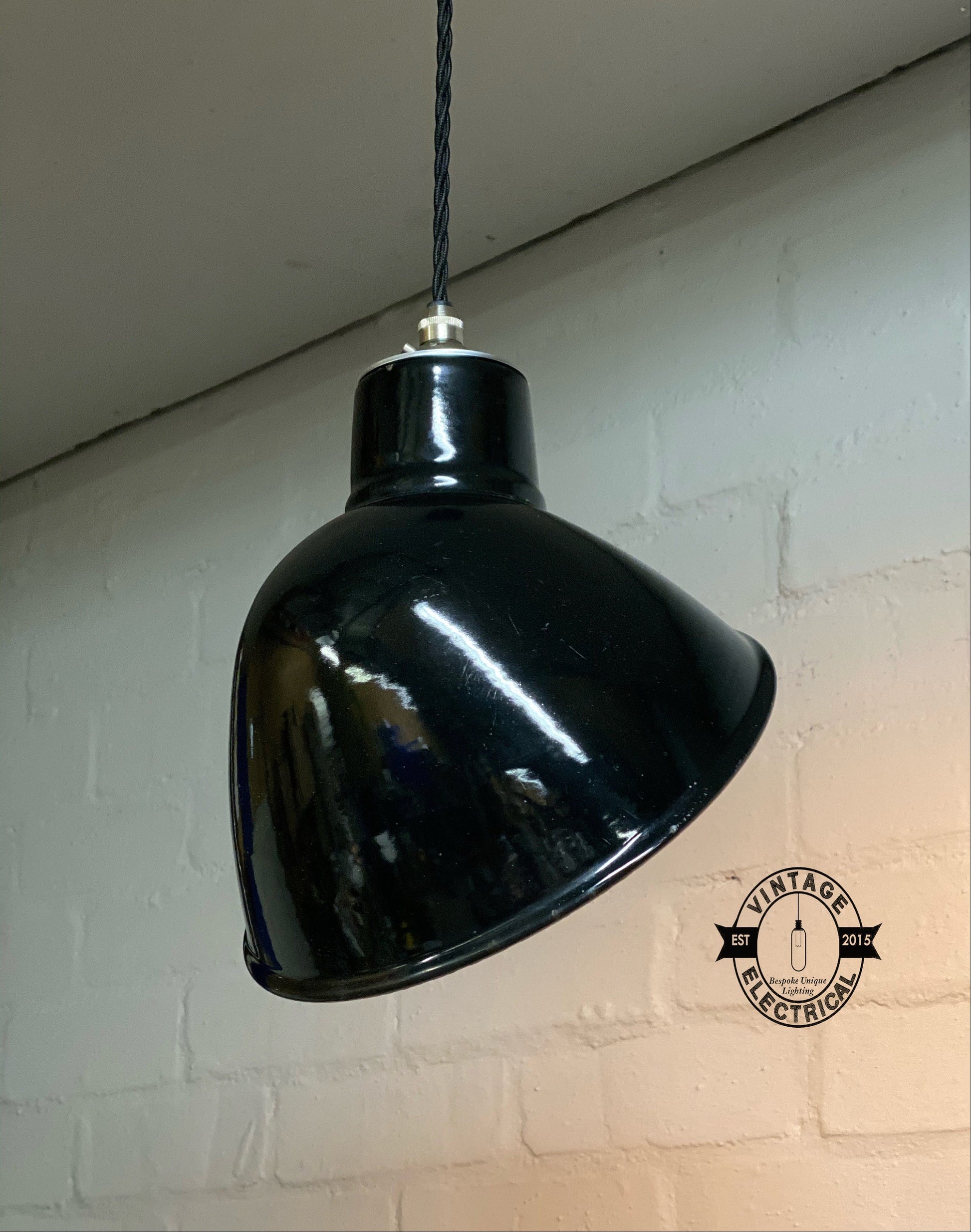 Stratton ~ Midnight Black Parabolic Angled Shade Pendant Set Light | Ceiling Dining Room 1950’s Thorlux Style | Vintage Edison Bulb Lamp