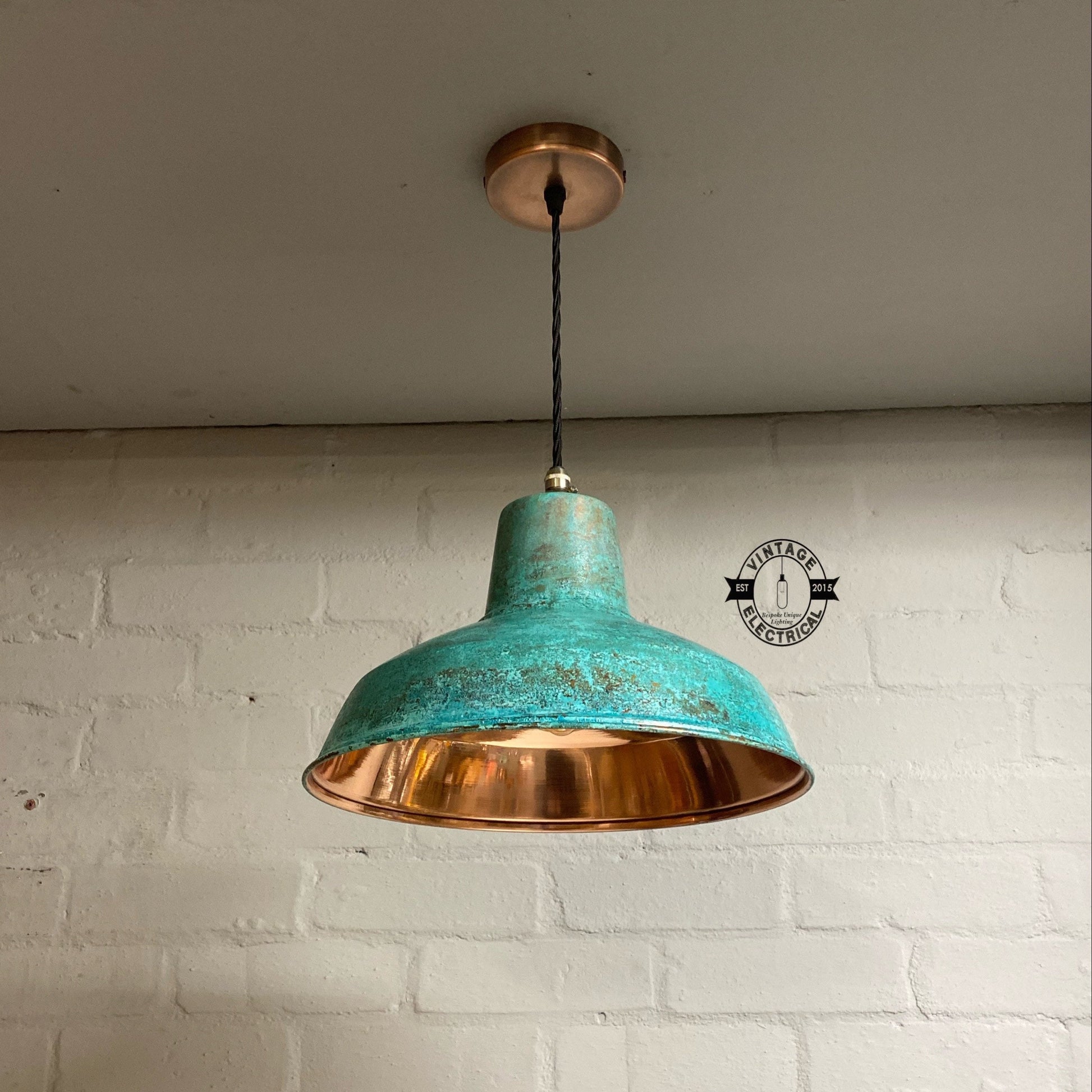 Filby ~ Solid Copper Verdigris Patina Reflector Shade Pendant Set Light | Ceiling Dining Room | Kitchen Table | Vintage Bulb | 12.5 Inch