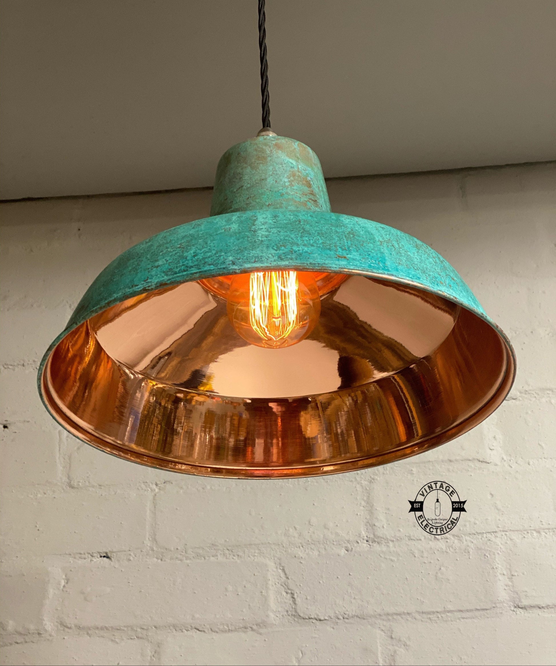 Filby ~ Solid Copper Verdigris Patina Reflector Shade Pendant Set Light | Ceiling Dining Room | Kitchen Table | Vintage Bulb | 12.5 Inch