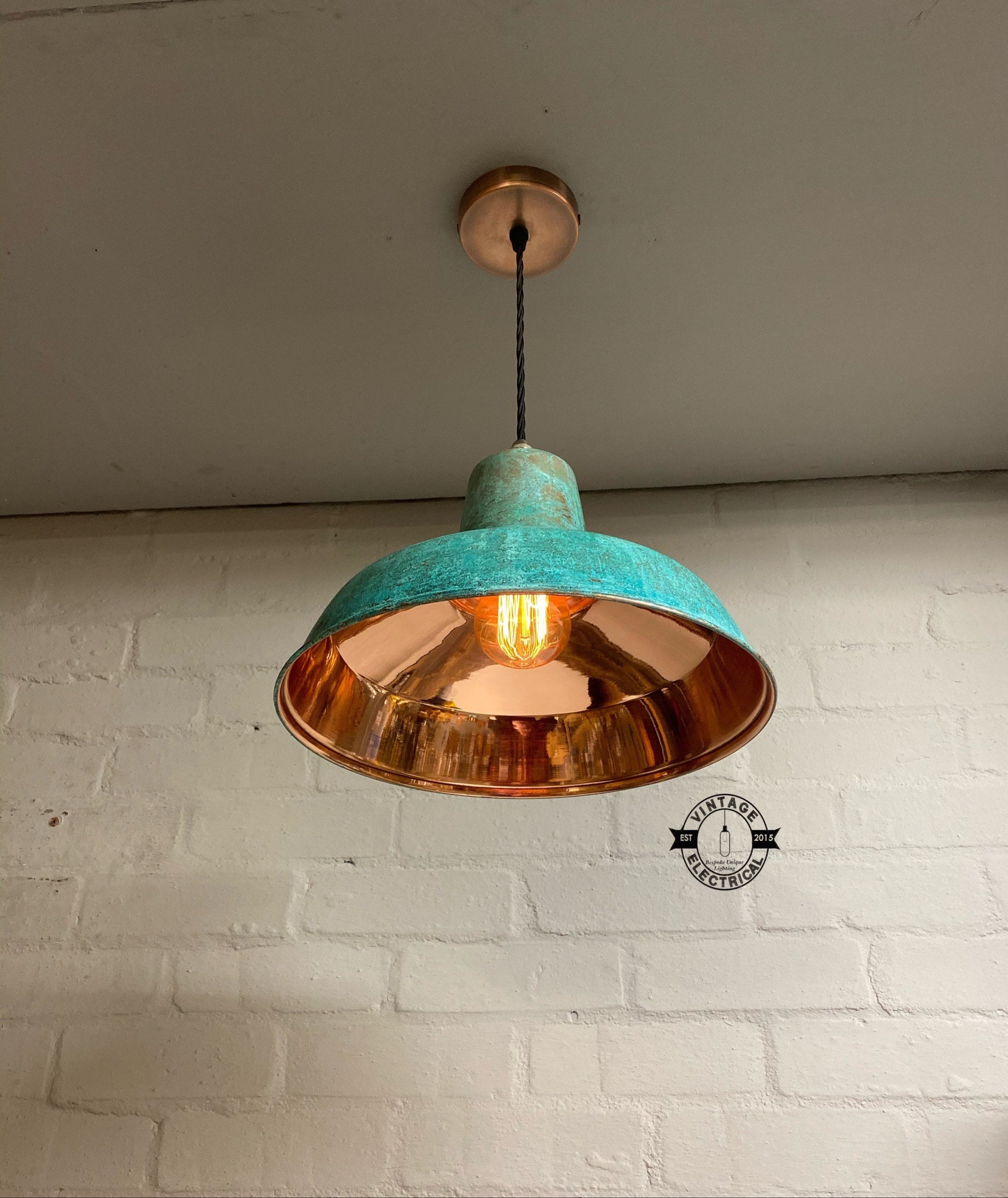 Filby ~ Solid Copper Verdigris Patina Reflector Shade Pendant Set Light | Ceiling Dining Room | Kitchen Table | Vintage Bulb | 12.5 Inch