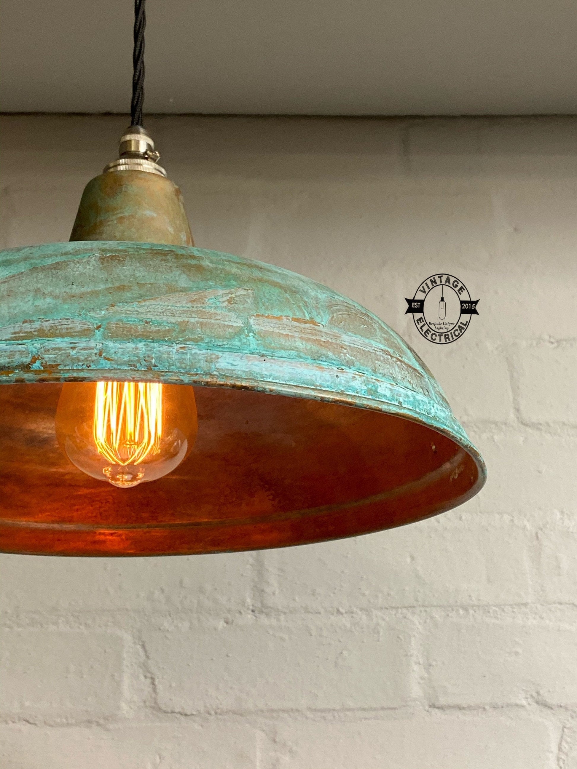 Sedgeford ~ Copper Verdigris Patina Factory Shade Pendant Set Light | Ceiling Dining Room | Kitchen Table | Vintage 1 x Edison Filament Bulb