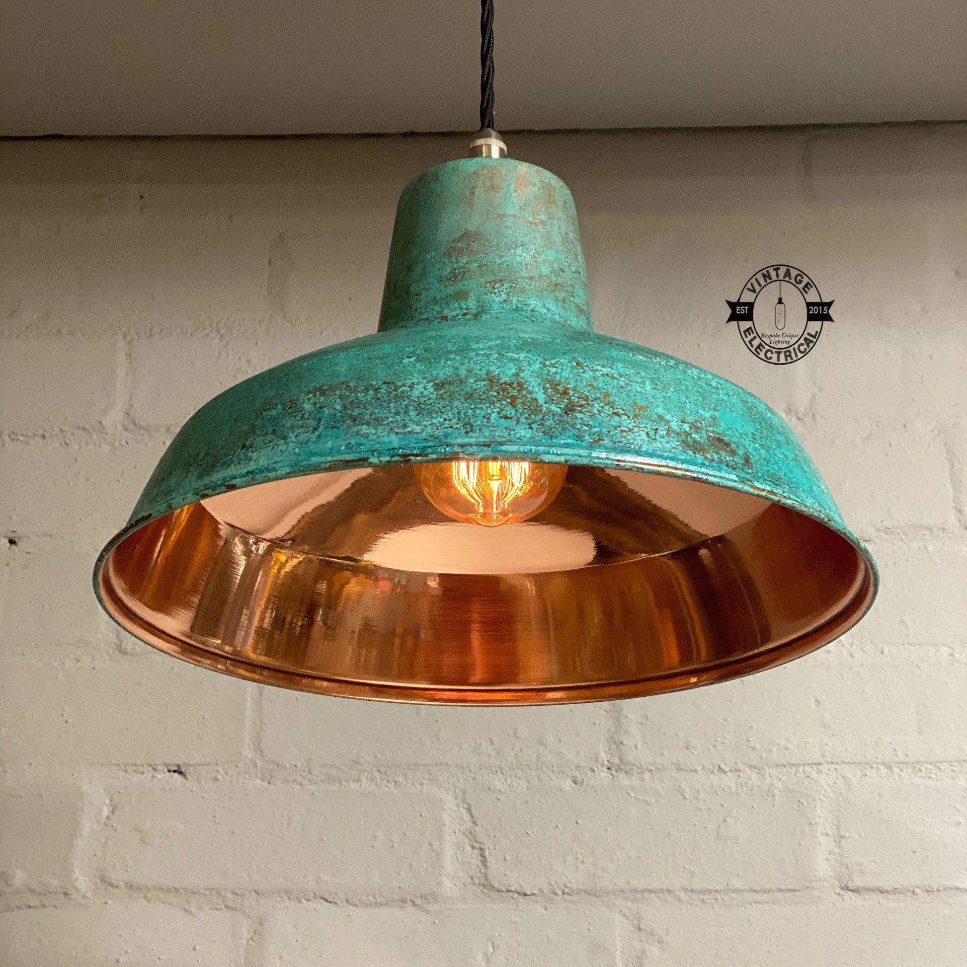 Filby ~ Solid Copper Verdigris Patina Reflector Shade Pendant Set Light | Ceiling Dining Room | Kitchen Table | Vintage Bulb | 12.5 Inch