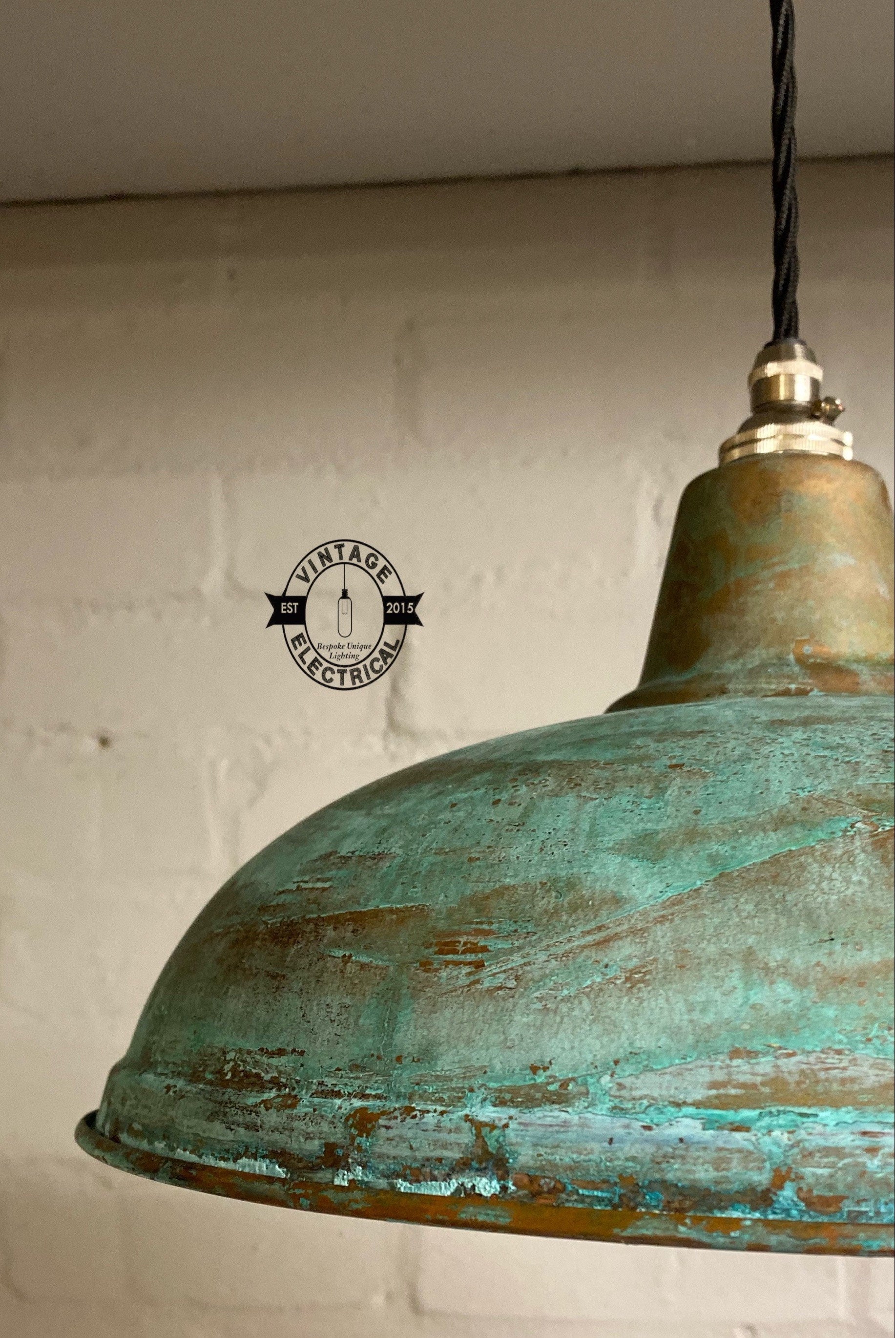 Sedgeford ~ Copper Verdigris Patina Factory Shade Pendant Set Light | Ceiling Dining Room | Kitchen Table | Vintage 1 x Edison Filament Bulb