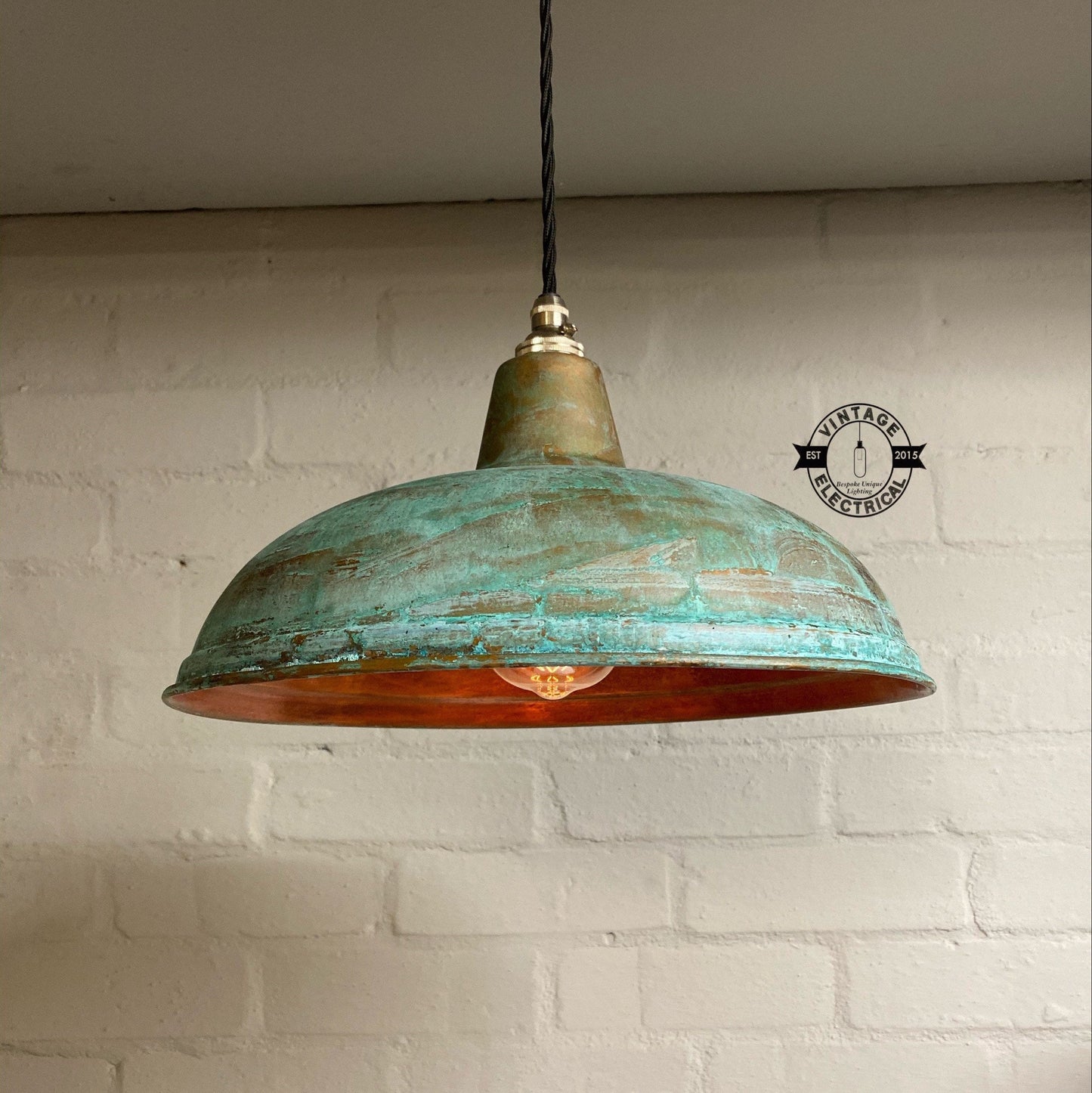 Sedgeford ~ Copper Verdigris Patina Factory Shade Pendant Set Light | Ceiling Dining Room | Kitchen Table | Vintage 1 x Edison Filament Bulb
