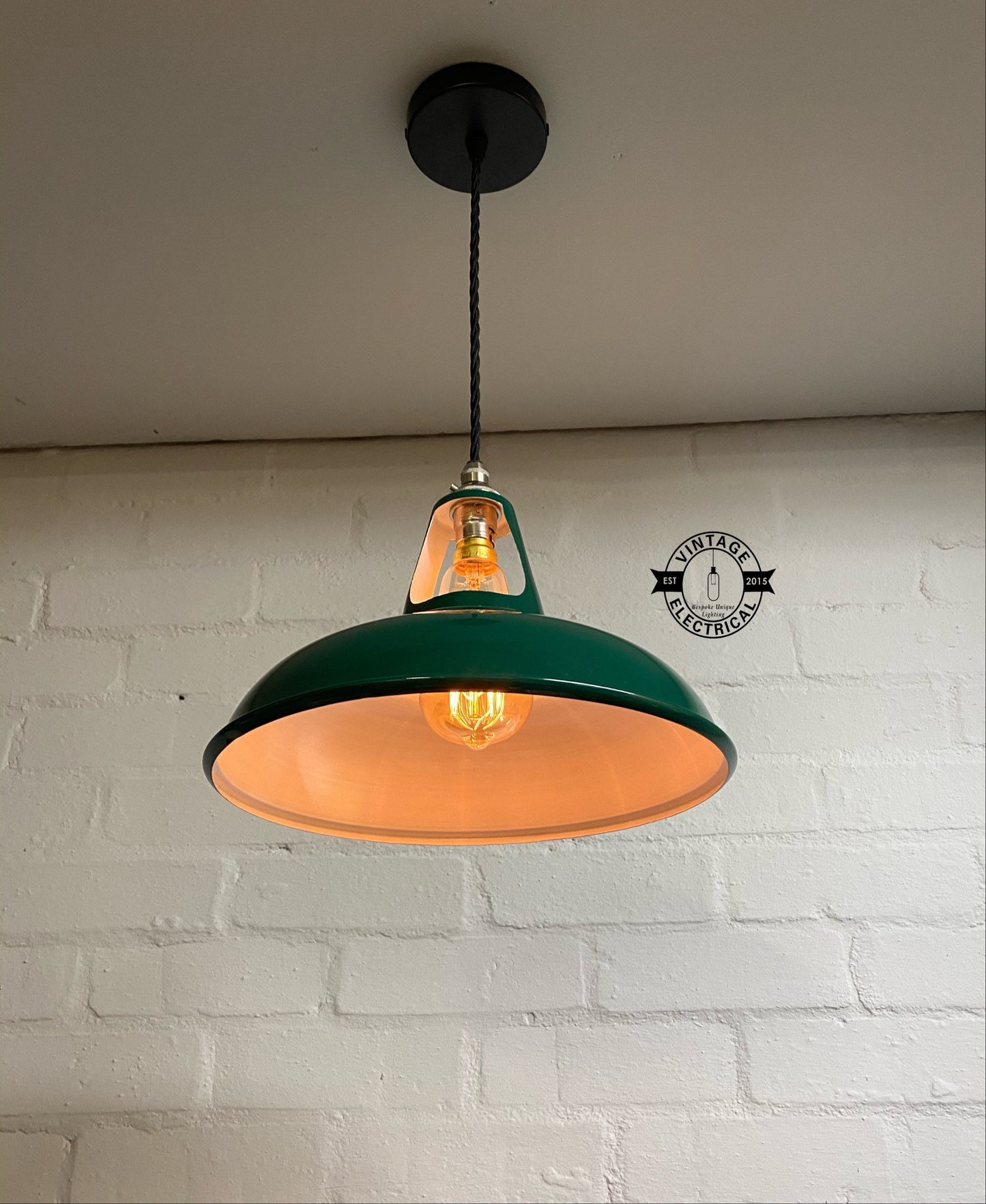 Cawston ~ **Worn** Racing Green Solid Shade 1932 Design Pendant Set Light | Ceiling Dining Room | Kitchen Table | Vintage
