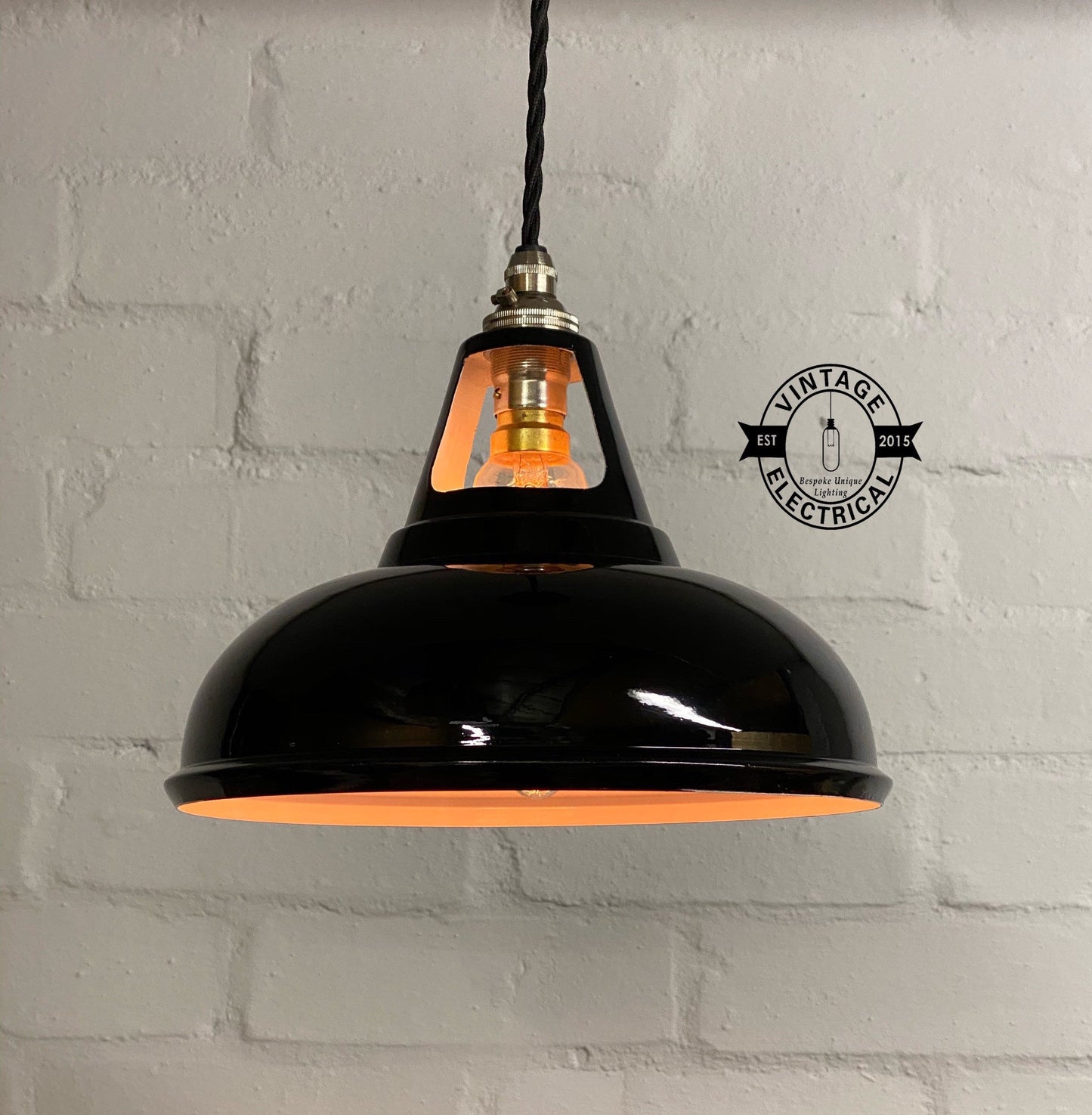 Cawston Small ~ **Worn** Gloss Black Solid Shade 1932 Design Pendant Set Light | Ceiling Dining Room | Kitchen Table | 9 Inch