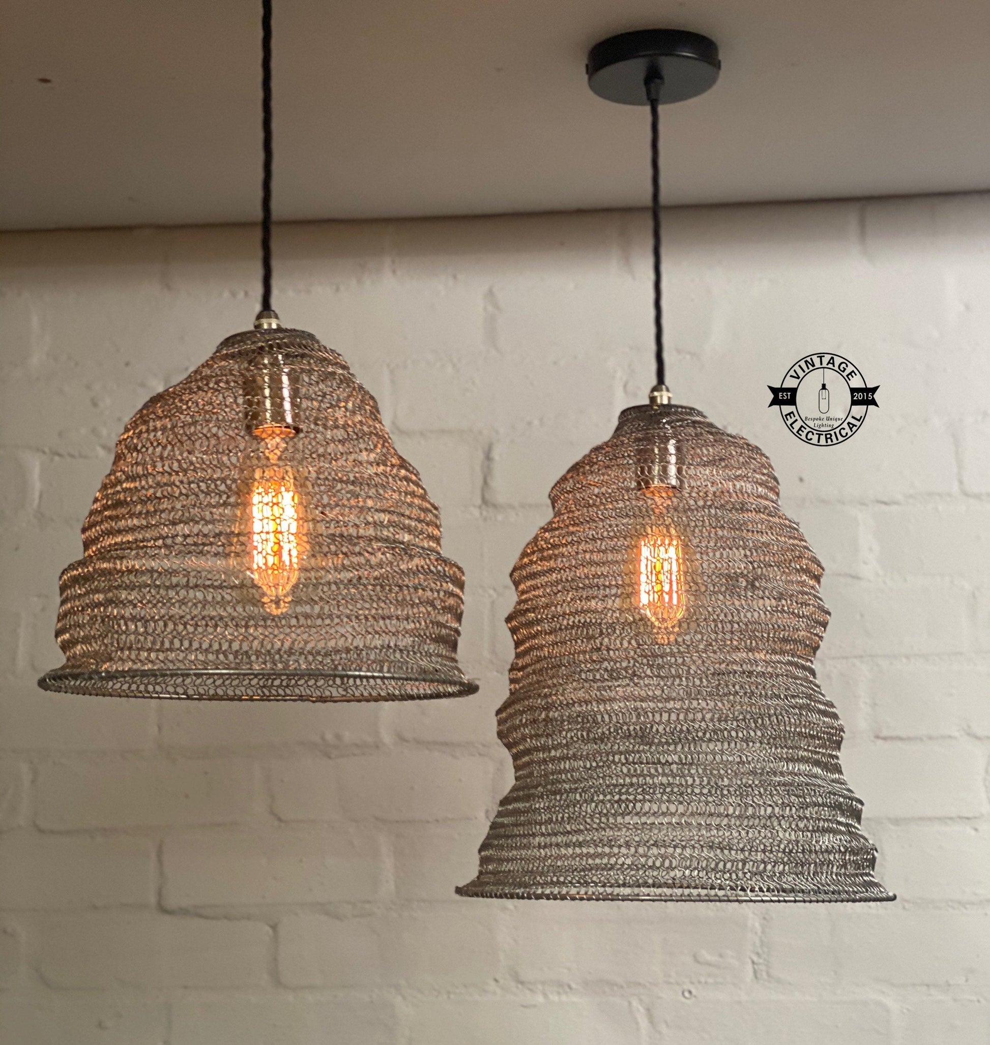 Walton ~ Silver Wire Industrial Lampshade Pendant Set Light | Ceiling Dining Room | Kitchen Table | Vintage 1 x Edison Filament Bulb