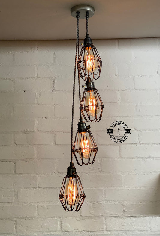 Winterton ~ 4 x Raw Steel Industrial Pendant Set Cage Light | Ceiling Dining Room | Kitchen Table | Vintage 4 x Edison Filament Bulbs