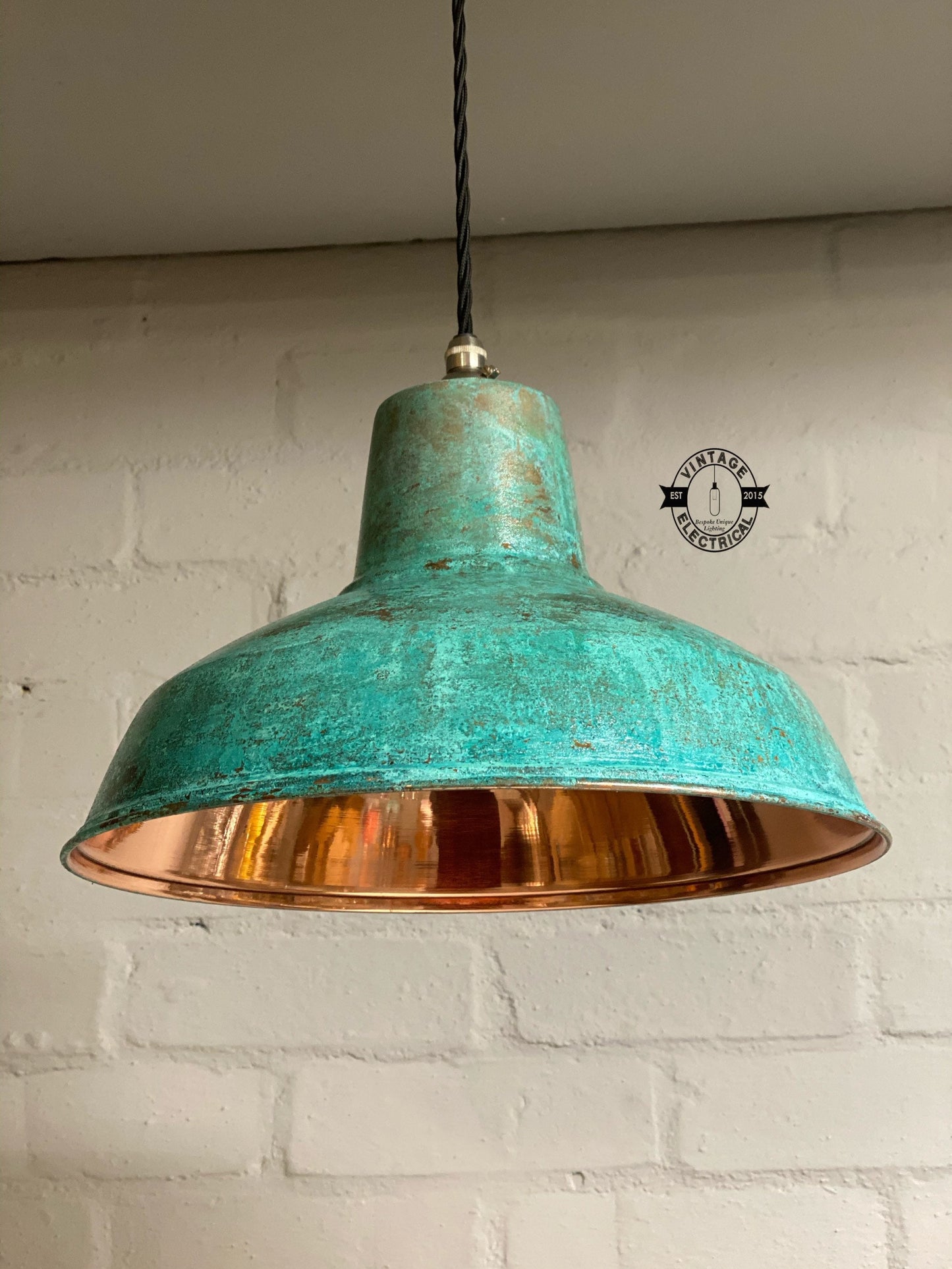 Filby ~ Solid Copper Verdigris Patina Reflector Shade Pendant Set Light | Ceiling Dining Room | Kitchen Table | Vintage Bulb | 12.5 Inch