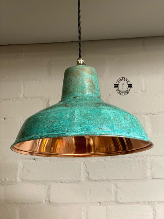 Filby ~ Solid Copper Verdigris Patina Reflector Shade Pendant Set Light | Ceiling Dining Room | Kitchen Table | Vintage Bulb | 12.5 Inch