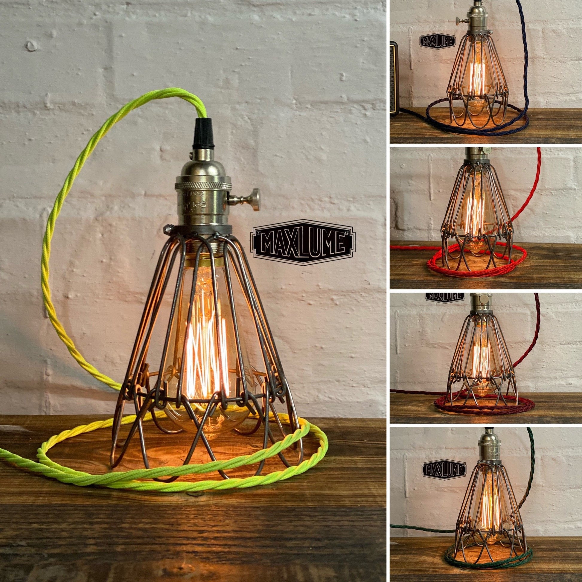 Hemsby ~ Raw Steel Cage Bedside Lamp | Fabric Cable | Bedroom | Table Light | Vintage Retro 1 x Edison Filament Bulb