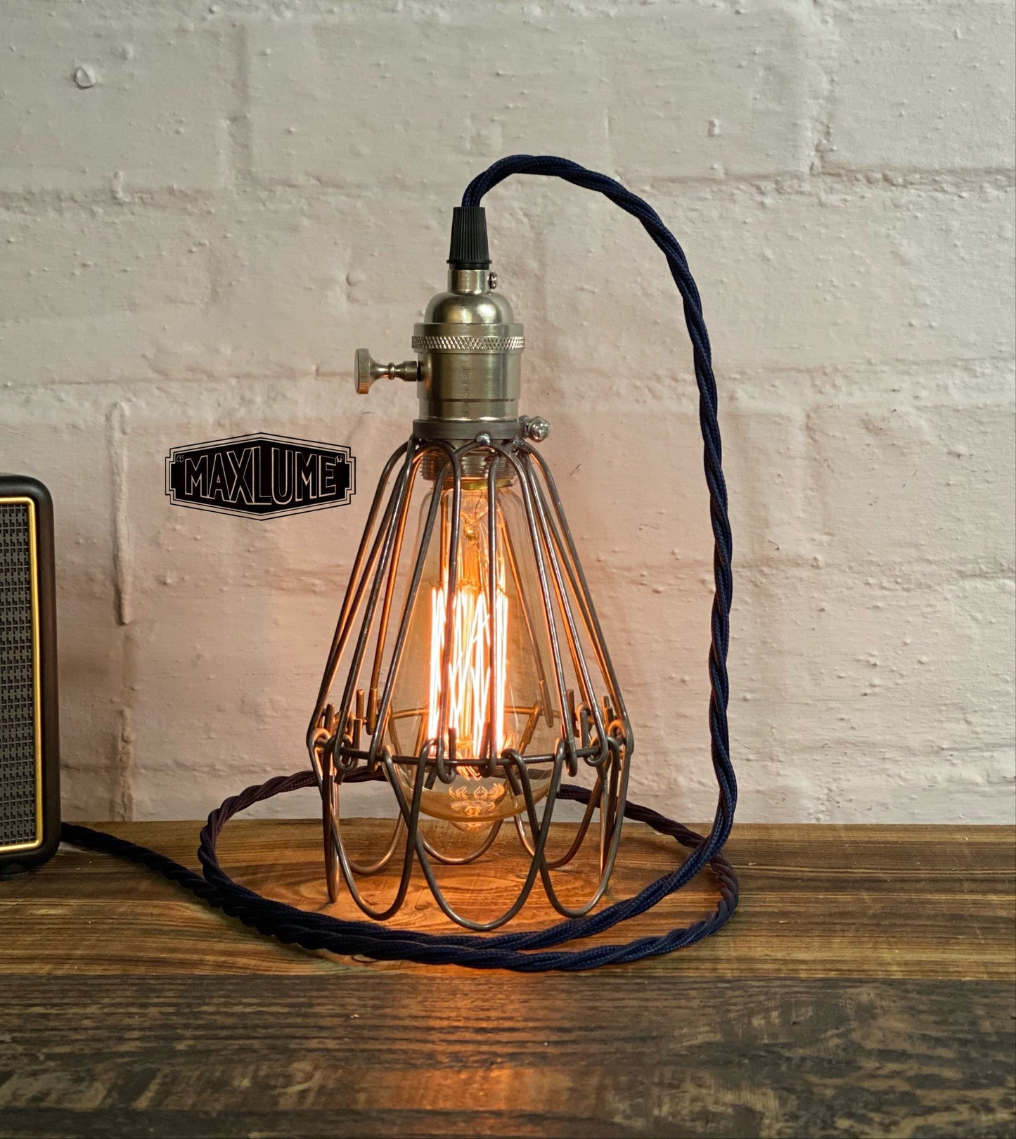 Hemsby ~ Raw Steel Cage Bedside Lamp | Fabric Cable | Bedroom | Table Light | Vintage Retro 1 x Edison Filament Bulb