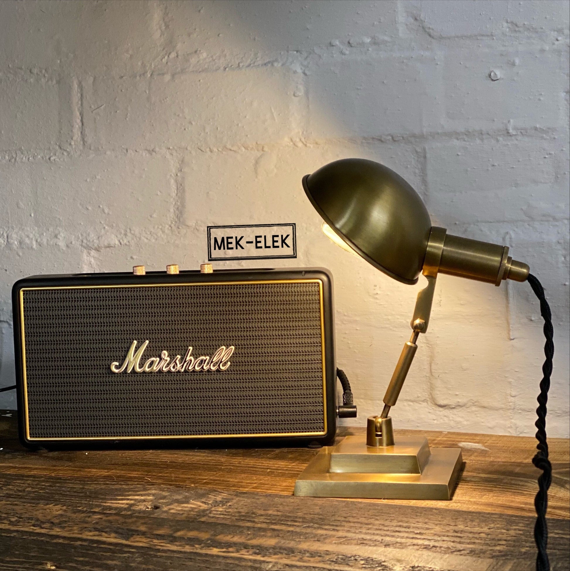 Dunham ~ Solid Antique Brass Small Industrial Multi Task Lamp | Fabric Cable | Bedroom | Bedside Table Light | Vintage Retro