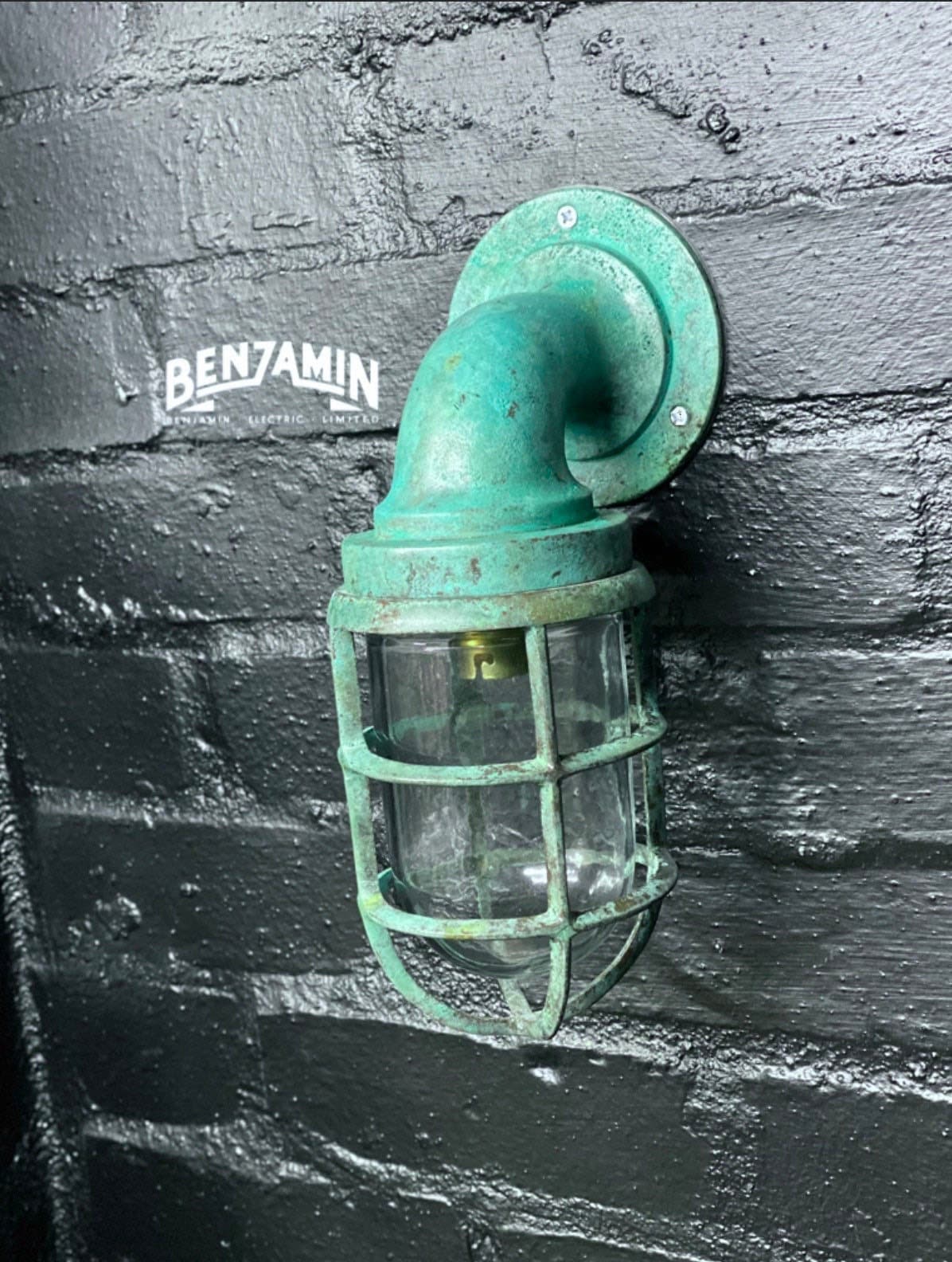 Beachamwell ~ Solid Brass Verdigris Caged Bulkhead Industrial Wall Light | Bathroom | Outdoor Garden | Vintage 1 x Edison Filament Bulb