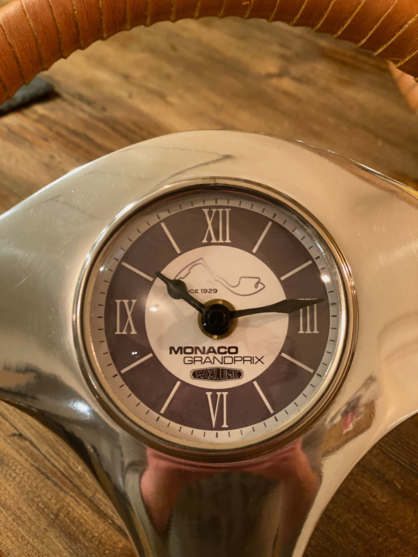 Maxlume ~ Monaco Grandprix Small Racing Steering Wheel Clock Genuine Leather 1929 Classic Car