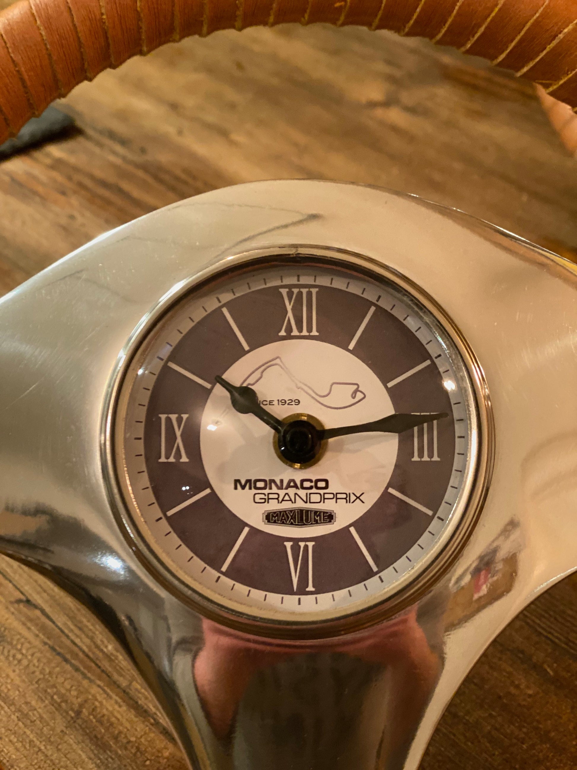 Maxlume ~ Monaco Grandprix Small Racing Steering Wheel Clock Genuine Leather 1929 Classic Car