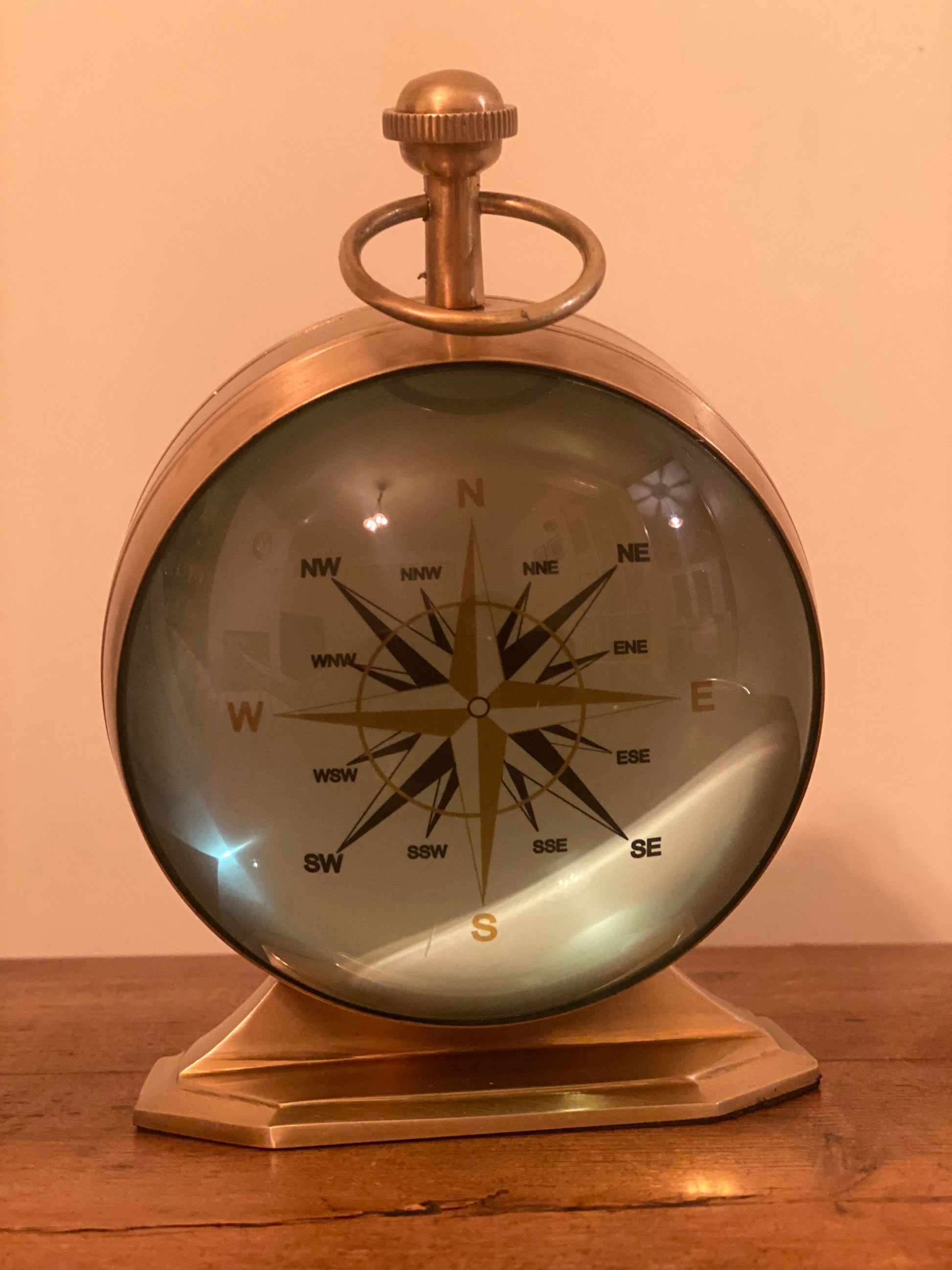 Maxlume ~ Magnifier Solid Brass Ships Table Clock Compass Nautical Vintage Industrial Decor