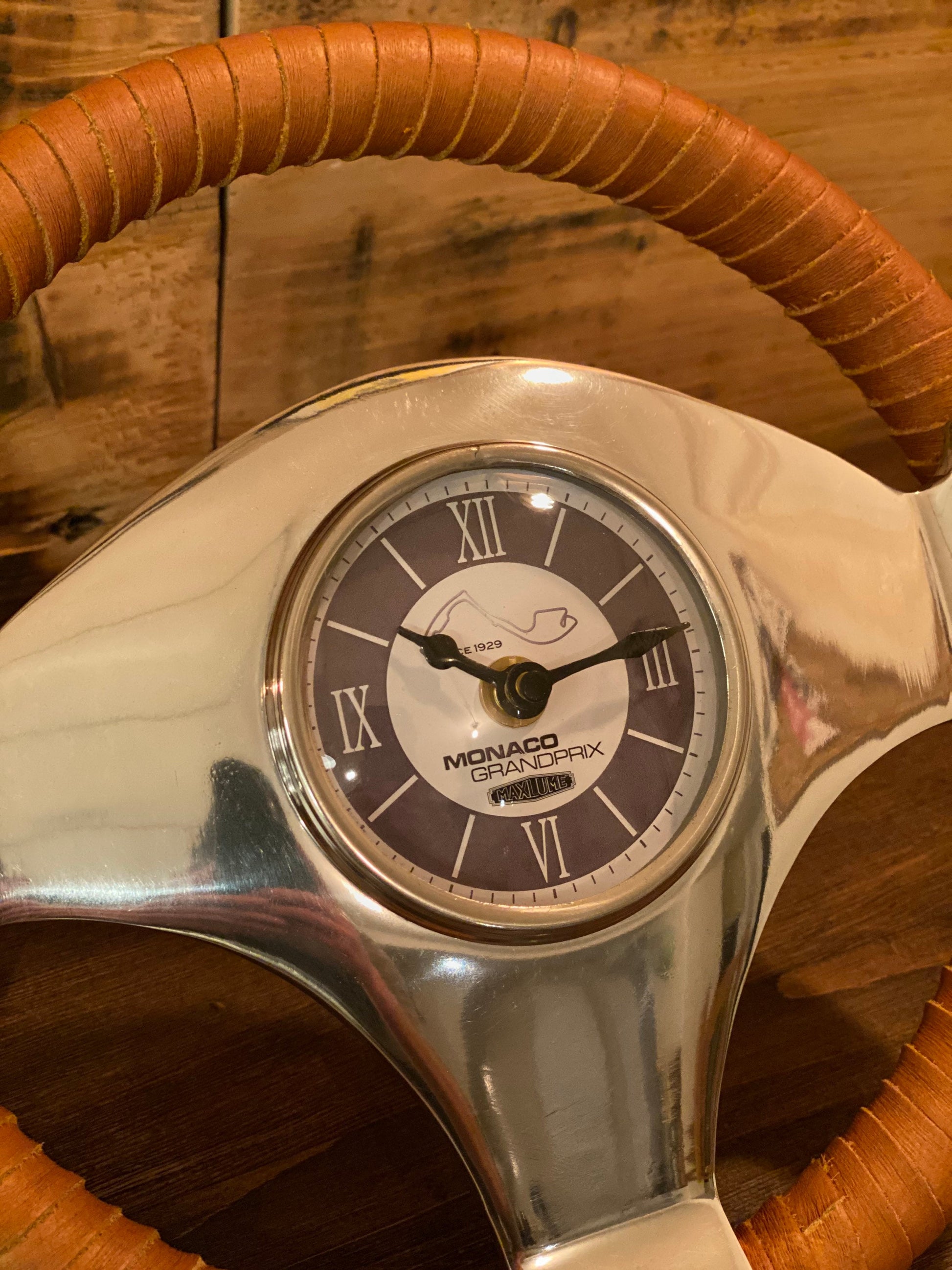 Maxlume ~ Monaco Grandprix Small Racing Steering Wheel Clock Genuine Leather 1929 Classic Car