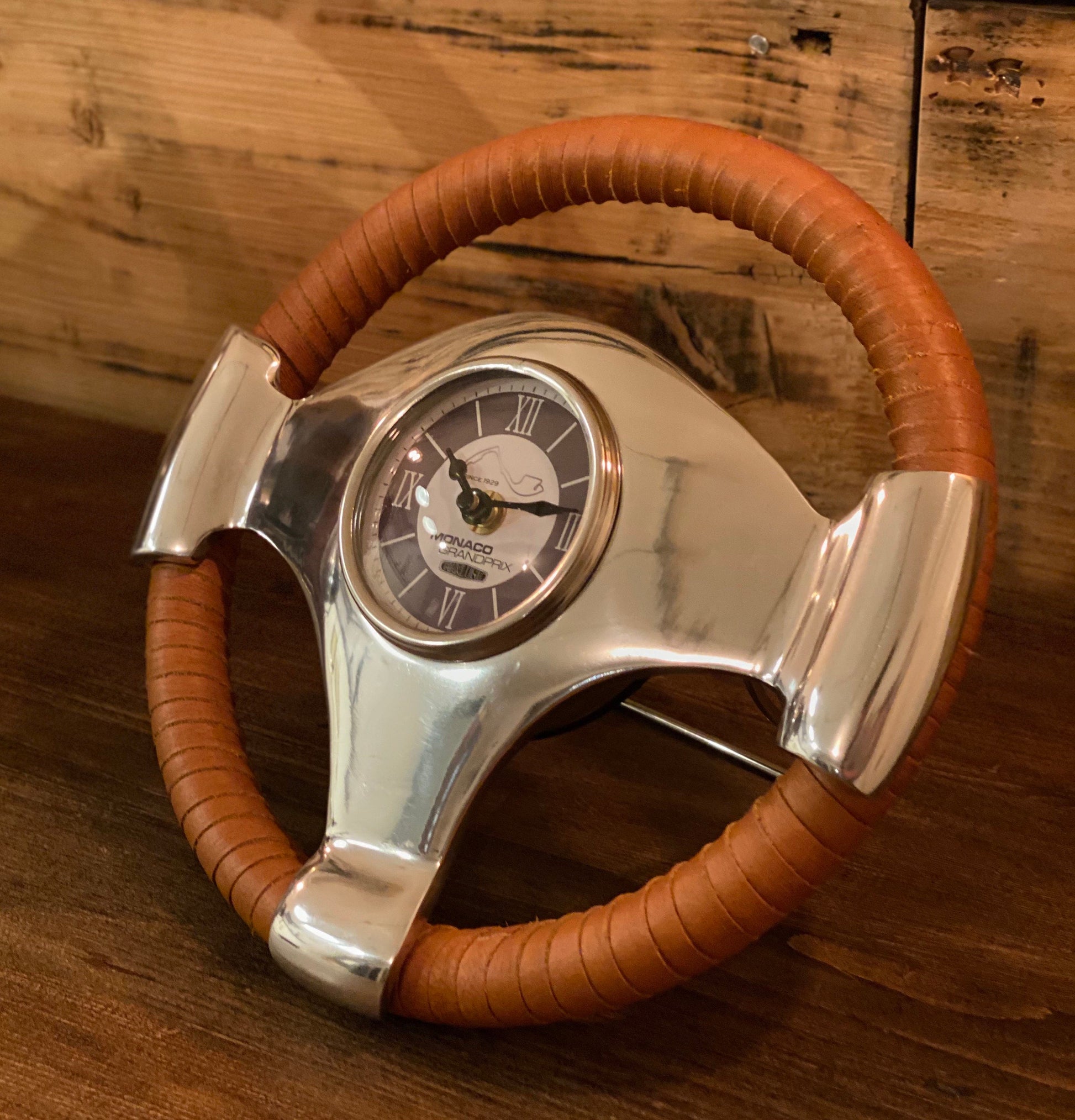 Maxlume ~ Monaco Grandprix Small Racing Steering Wheel Clock Genuine Leather 1929 Classic Car