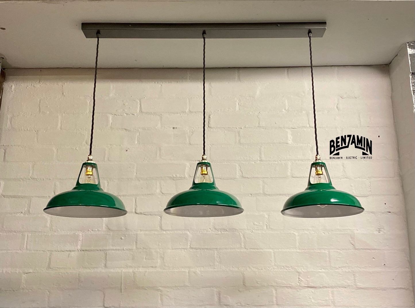 Cawston ~ 3 x Racing Green Shade 1930 Design Pendant Set Triple Track Light | Dining Room | Kitchen Table | Vintage