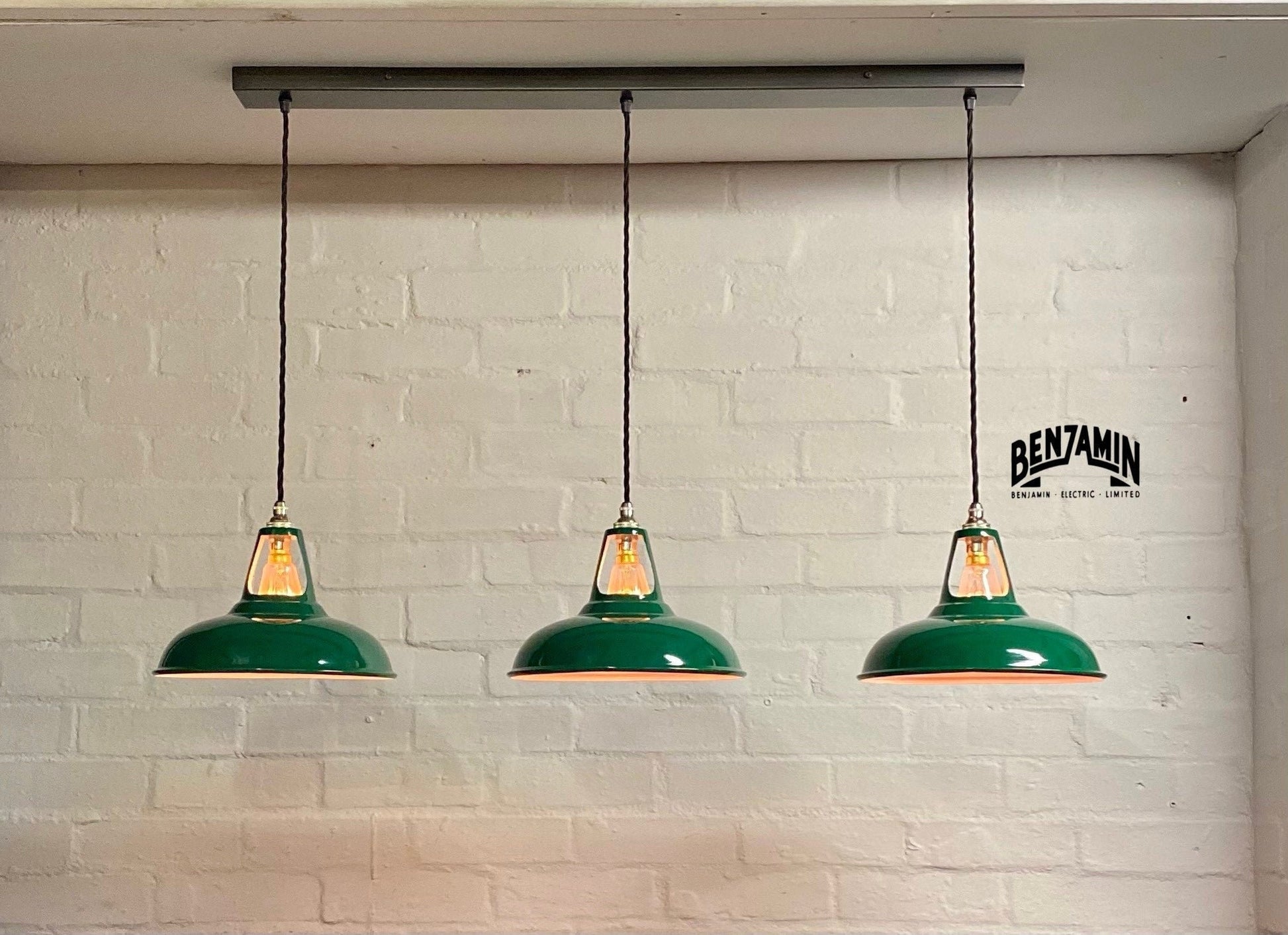 Cawston ~ 3 x Racing Green Shade 1930 Design Pendant Set Triple Track Light | Dining Room | Kitchen Table | Vintage