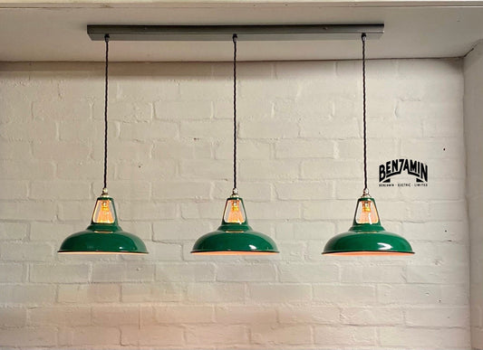 Cawston ~ 3 x Racing Green Shade 1930 Design Pendant Set Triple Track Light | Dining Room | Kitchen Table | Vintage