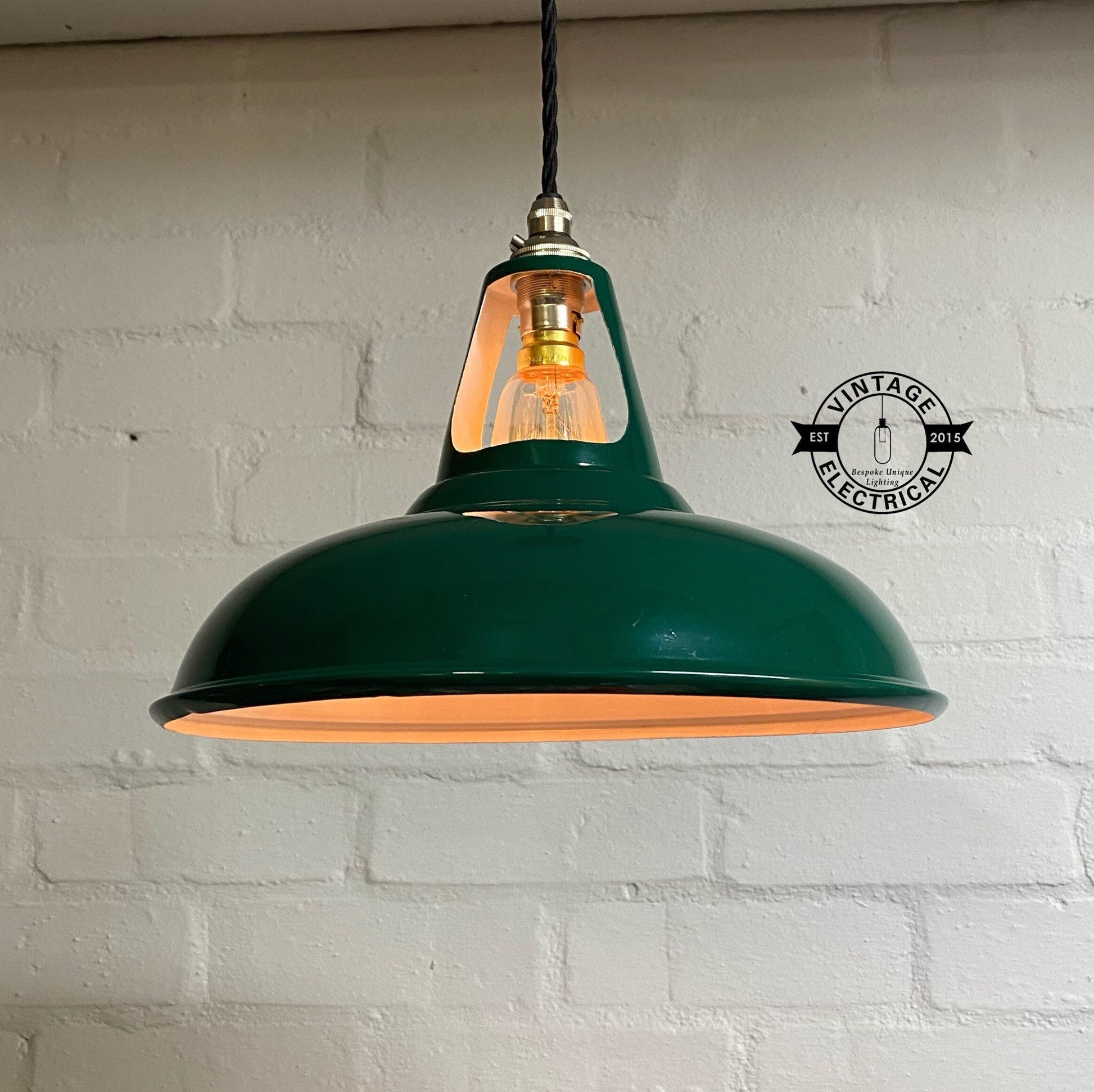 Cawston ~ **Worn** Racing Green Solid Shade 1932 Design Pendant Set Light | Ceiling Dining Room | Kitchen Table | Vintage