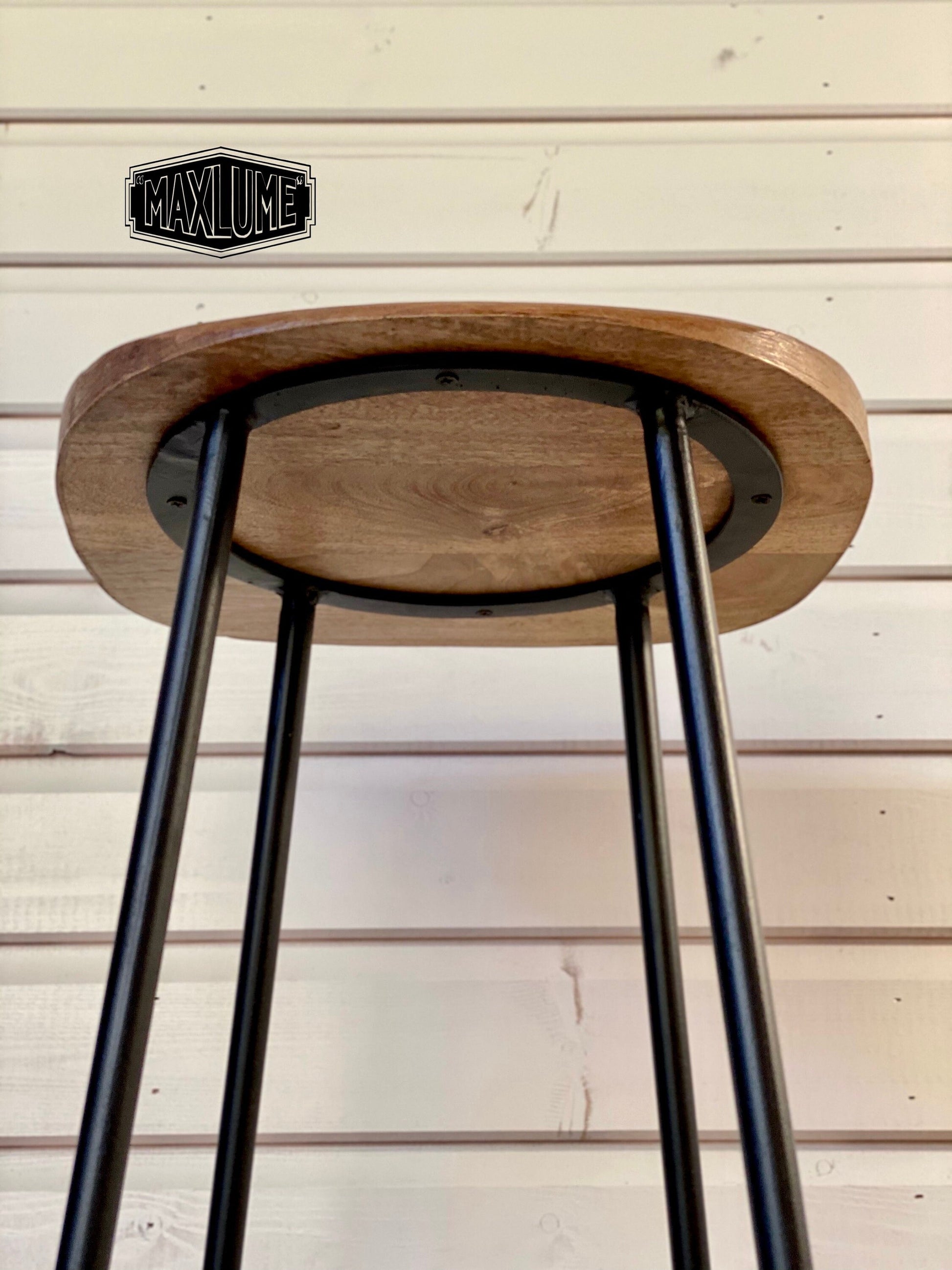 Solid Mango Short Wooden Top Bar Stool | Vintage Style | Floor Standing | Kitchen Black Cat Iron Metal | Industrial Tractor Seat