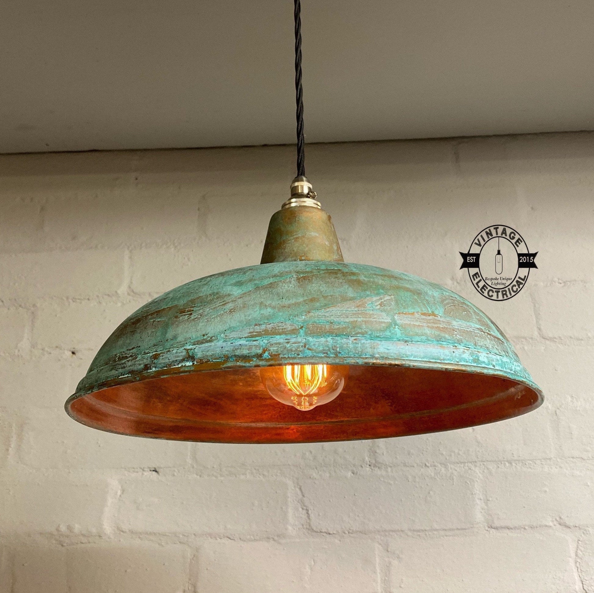 Sedgeford ~ Copper Verdigris Patina Factory Shade Pendant Set Light | Ceiling Dining Room | Kitchen Table | Vintage 1 x Edison Filament Bulb