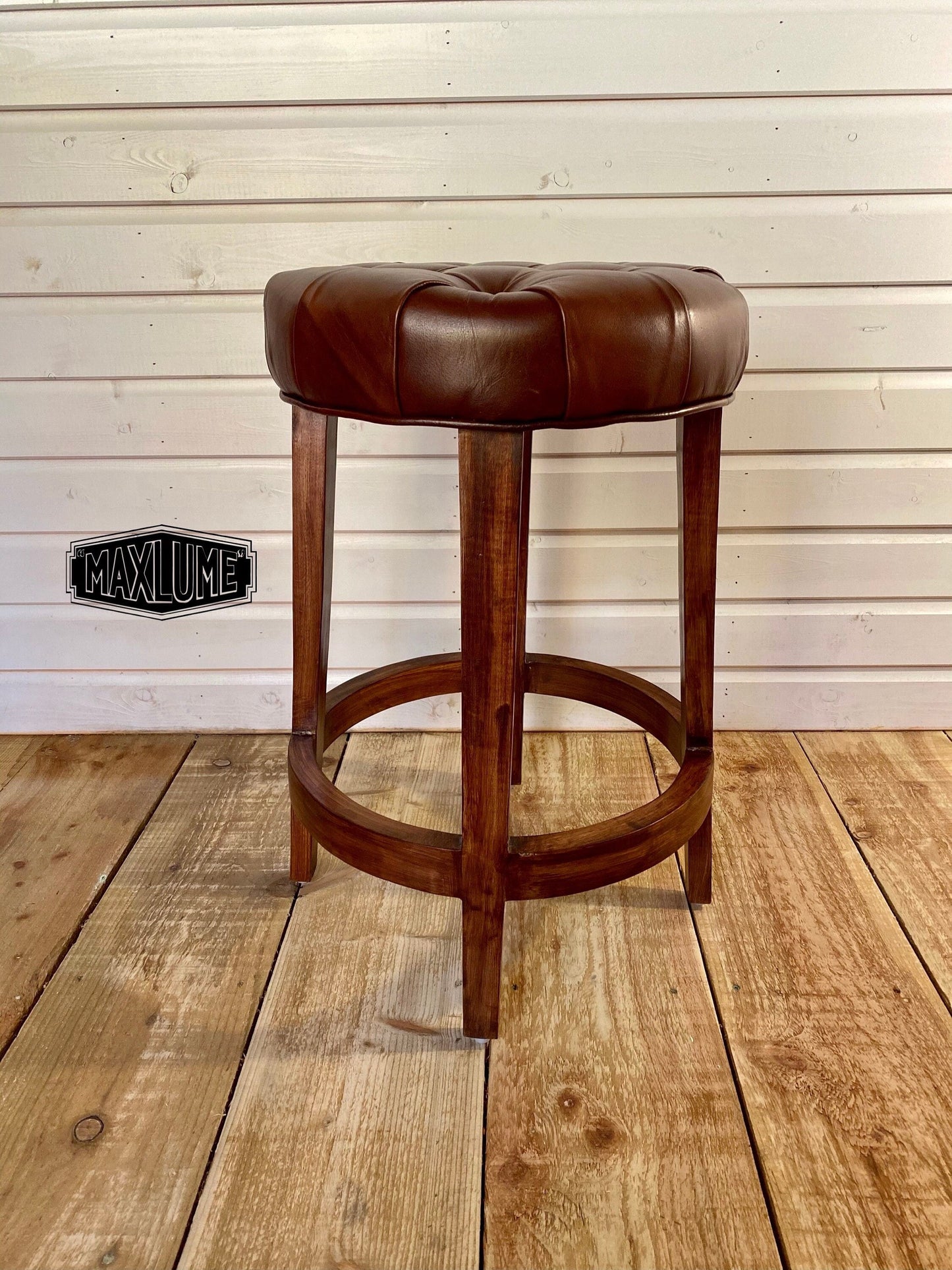 Maxlume ~ Brown Genuine Leather Button Top Solid Bar Stool Wooden Frame | Vintage Style | Solid Cast Metal | Floor Standing