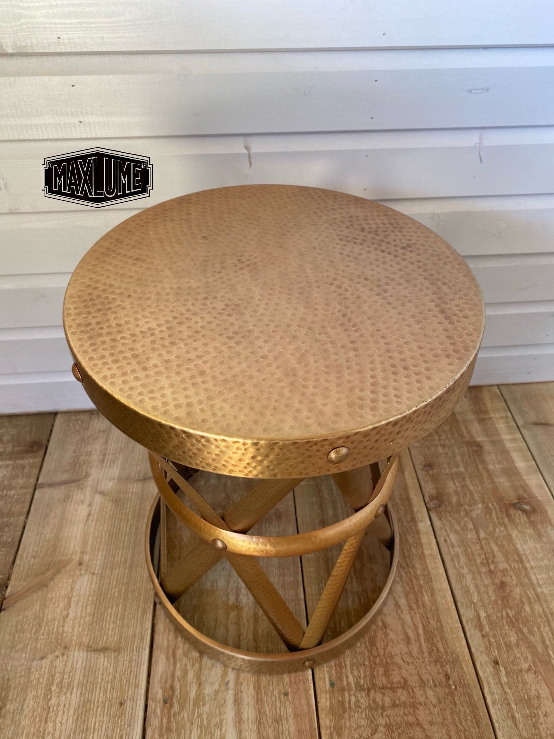 Maxlume ~ Patinated Hammered Brass Drum Side Table Industrial | Vintage Style | Floor Table