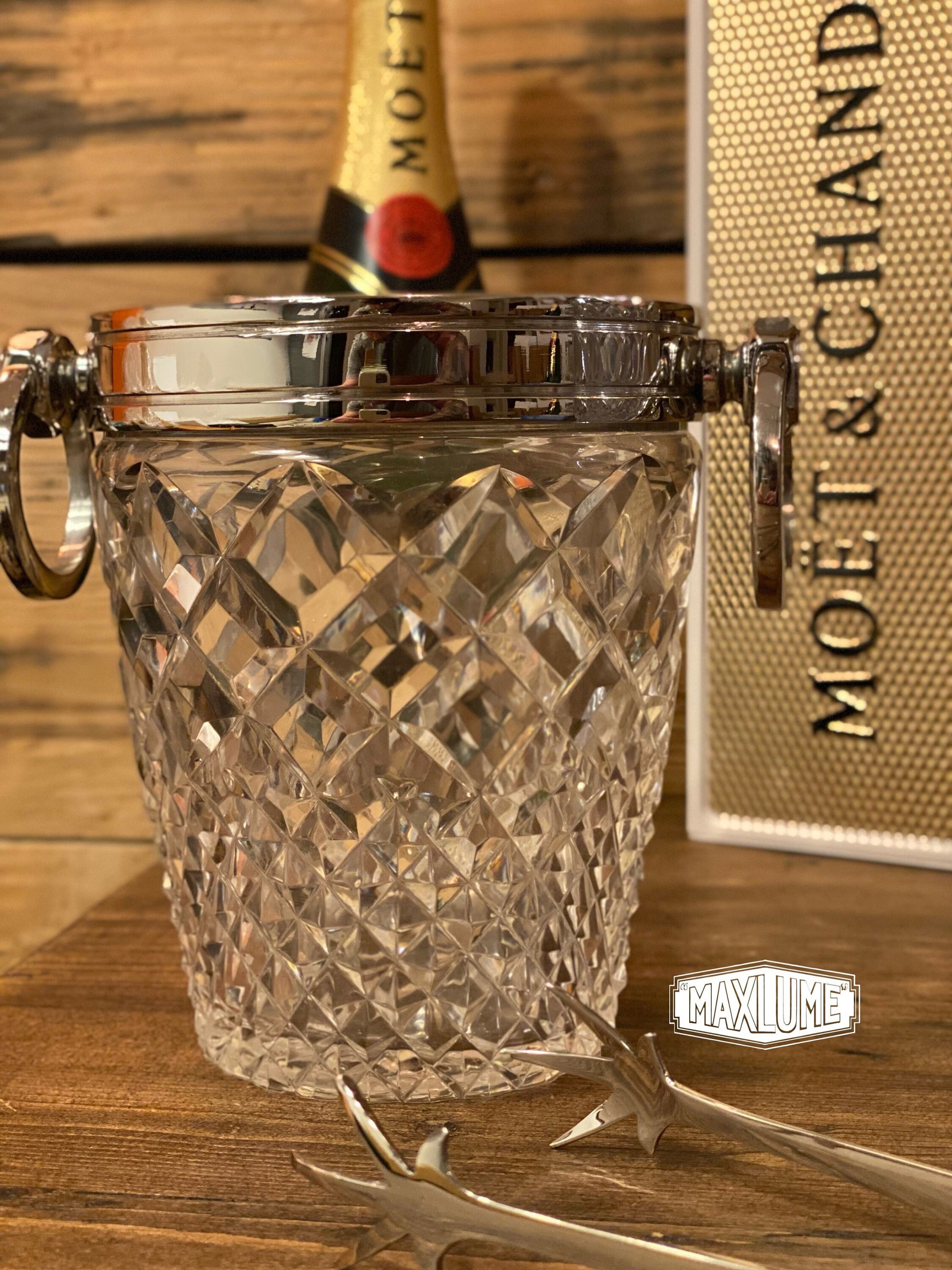 Maxlume ~ Luxury 3 Piece Solid Glass Hand Cut Engraved Wine & Ice Cooler Champagne Glass Bucket French