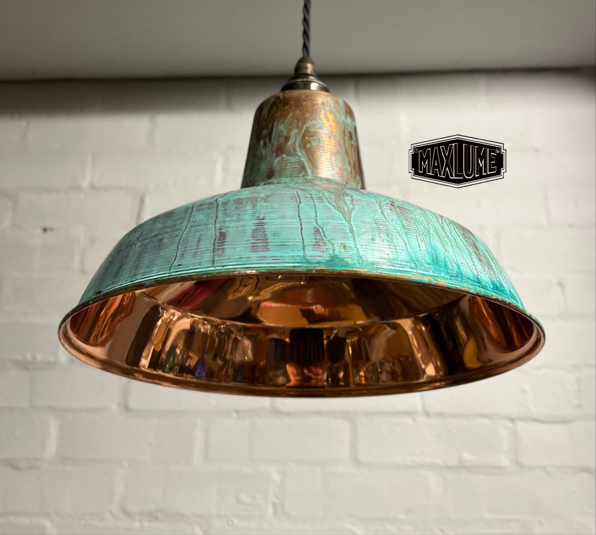 Filby ~ Solid Copper Verdigris Patina Reflector Shade Pendant Set Light | Ceiling Dining Room | Kitchen Table | Vintage Bulb | 12.5 Inch