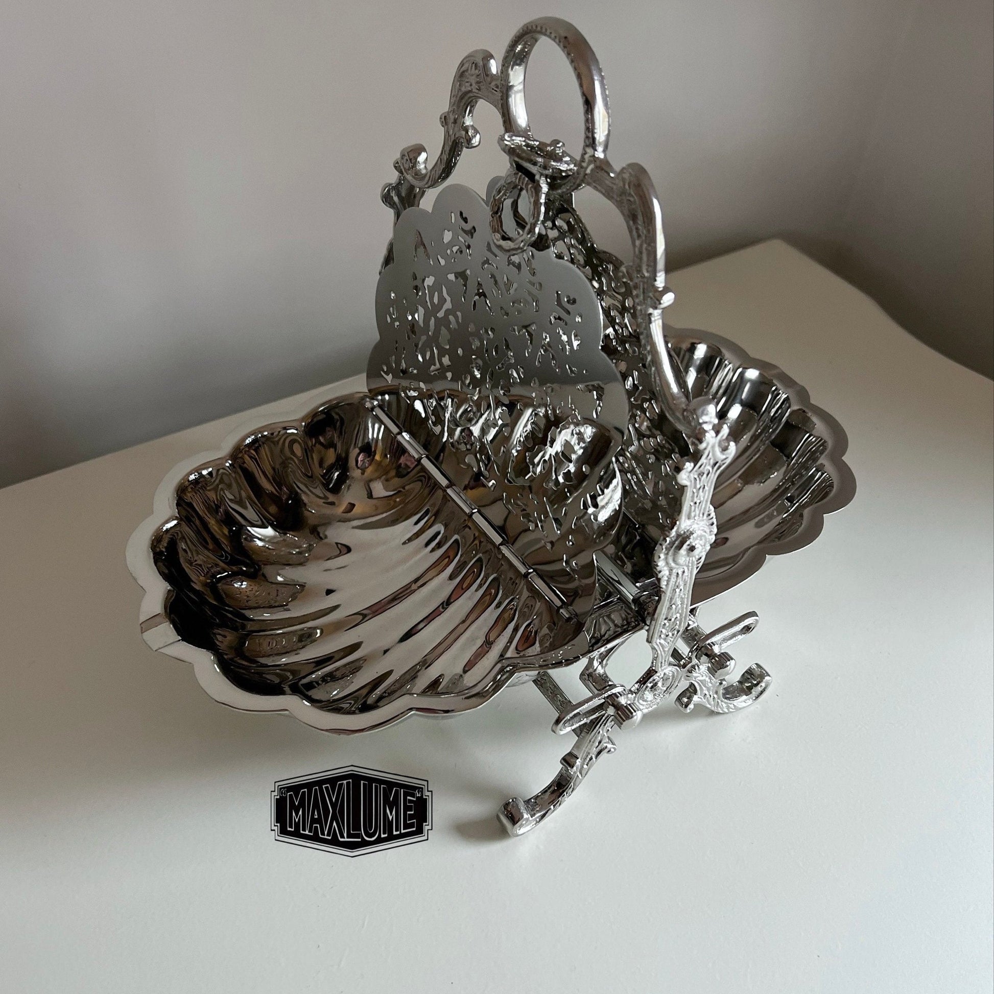 Maxlume ~ Solid Victorian Silver Finish Folding Biscuit Box Sweet Storage Ideal Nickel Plated