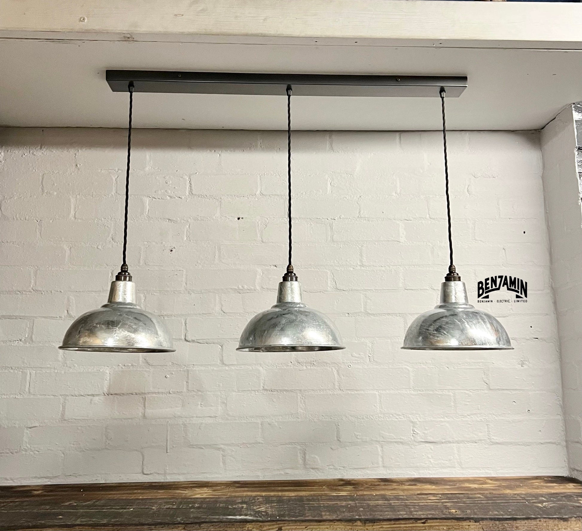 Salthouse ~ 3 x Galvanised Shade Pendant Set Track Light | Dining Room | Kitchen Table | Vintage
