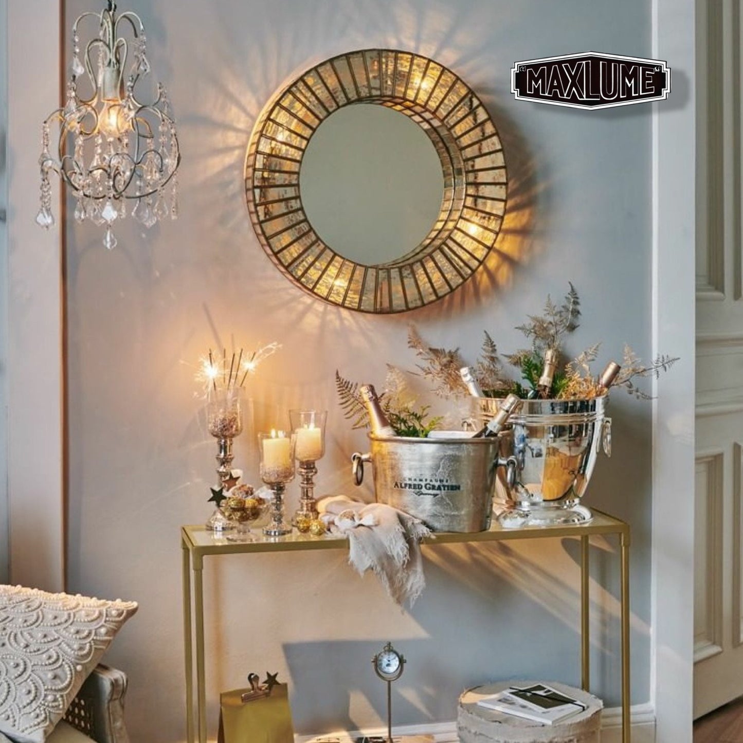 Maxlume ~  Round Illuminated Wall Glass Mirror & Silver Mercury Antique Gold Light Up